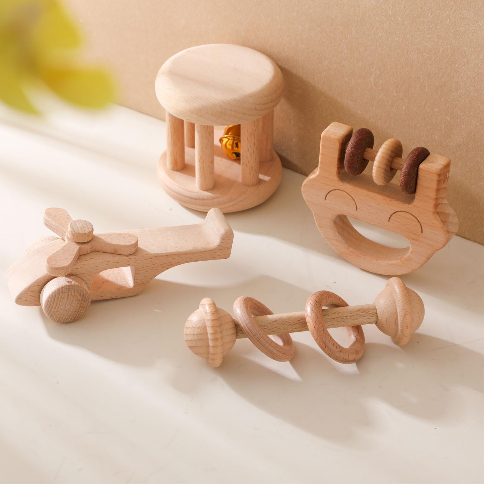 Wooden Baby Rattle Set, Newborn Wooden Rattle Toy, Natural Wooden Montessori Baby Grip Toy, Baby Gift Toy, Wood Rattle Set-4