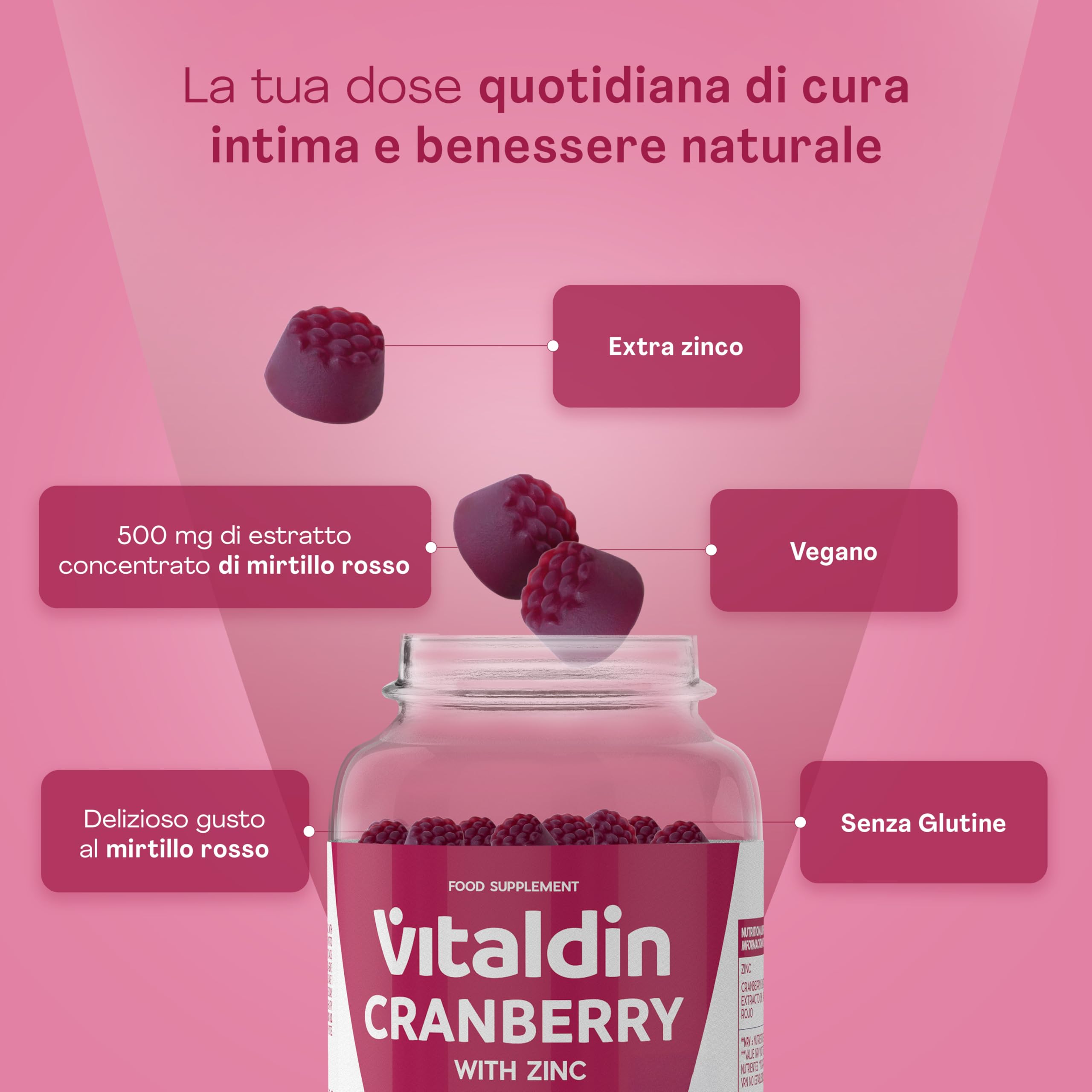 VITALDIN Cranberry Gummies – Integratore di 500 mg di estratto di Mirtillo Rosso + Zinco – 70 Caramelle Gommose, Gusto Mirtilli Rossi – Aiuto delle Vie Urinarie – Vegano