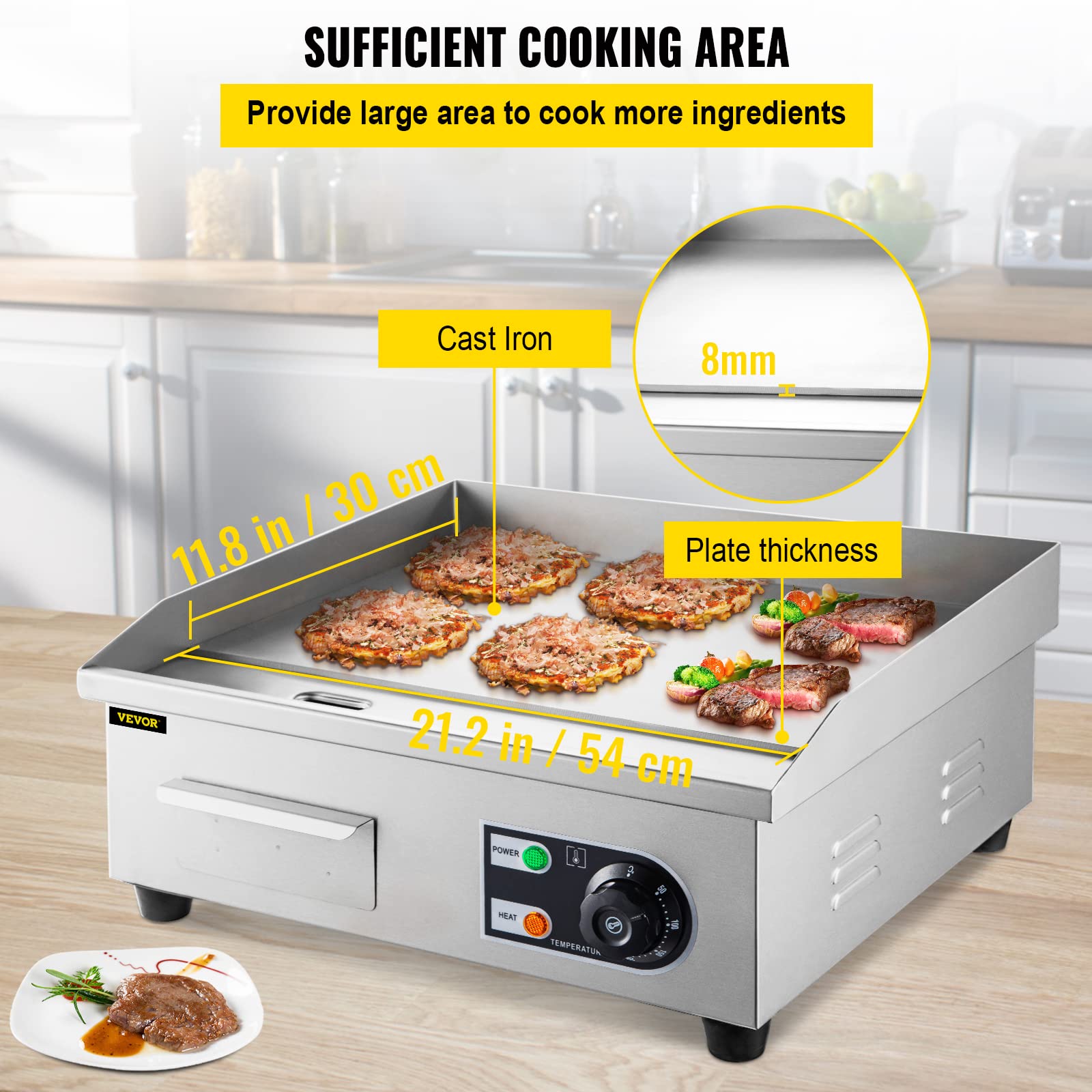 VEVOR 14 Electric Countertop Flat Top Griddle 110V 1500W NonStick