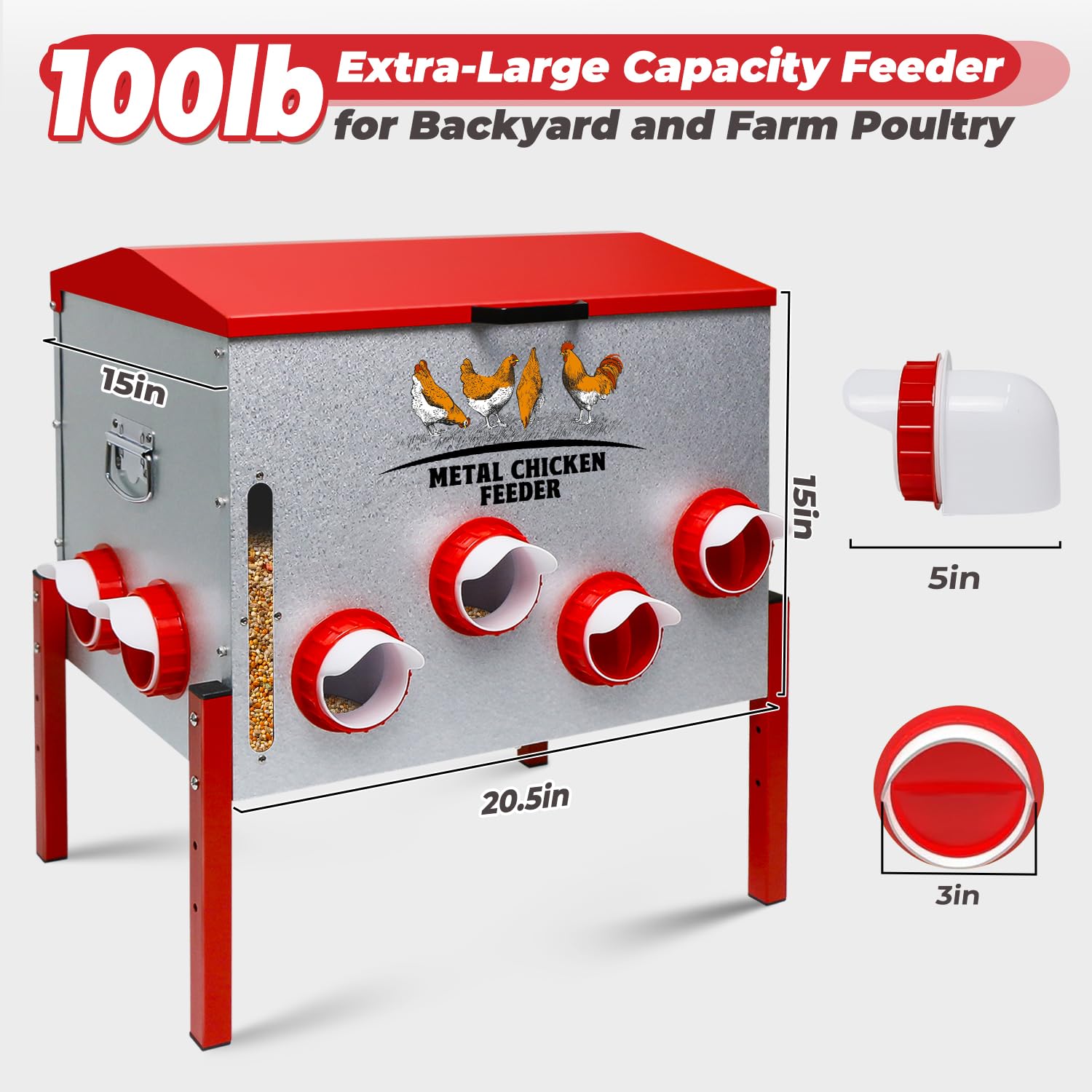 Comedero automático para pollos de 100 libras, gran capacidad, 12 puertos antiresiduos, comedero de metal para aves de corral con soporte de altura ajustable, caja de alimentación impermeable a prueba