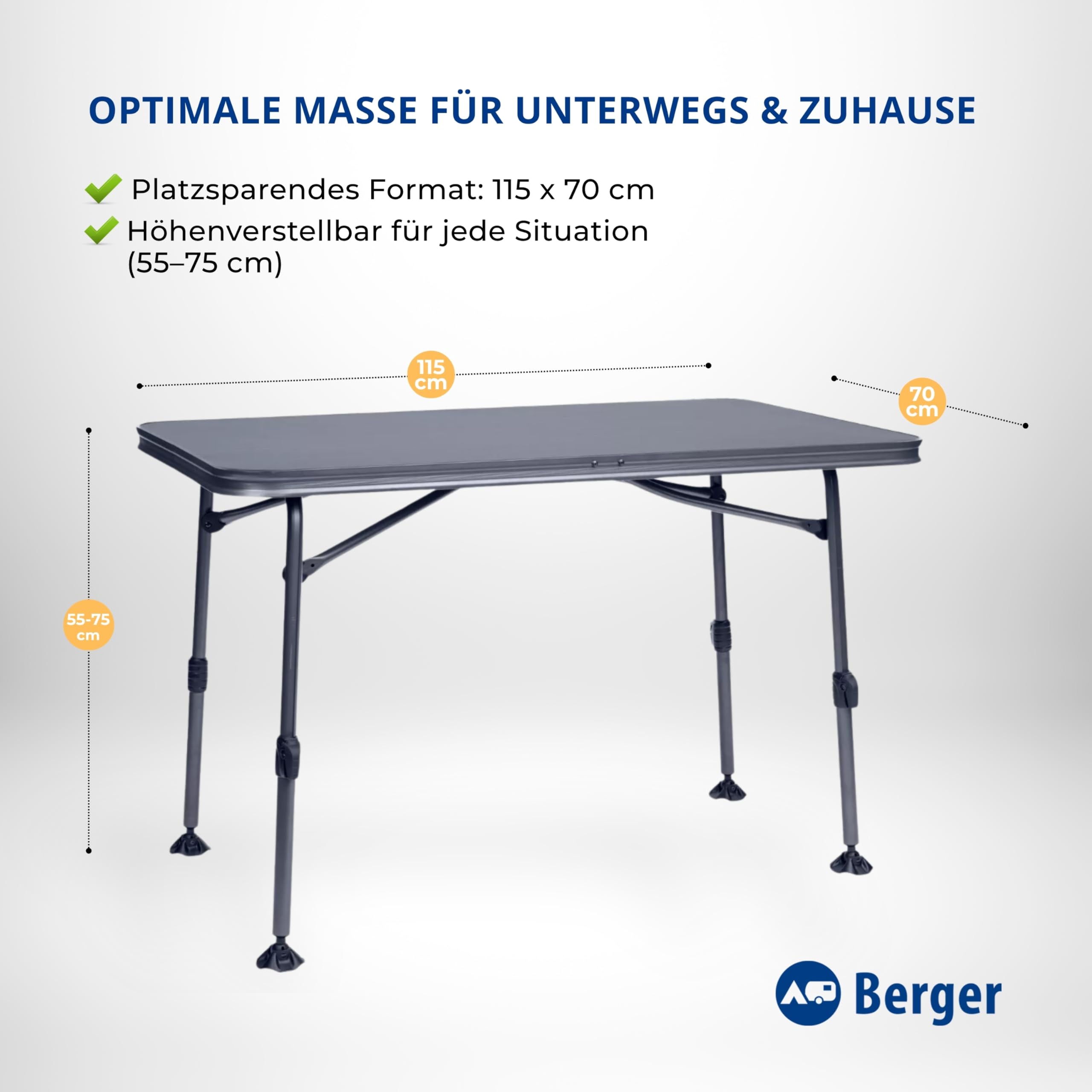 Berger Molveno Campingtisch | Klapptisch Höhenverstellbar 115 x 70 cm Alu Campingtisch Klappbar Camping Tisch Gartentisch Klappbar | Falttisch Esstisch Balkon Klapptisch Garten Terrasse