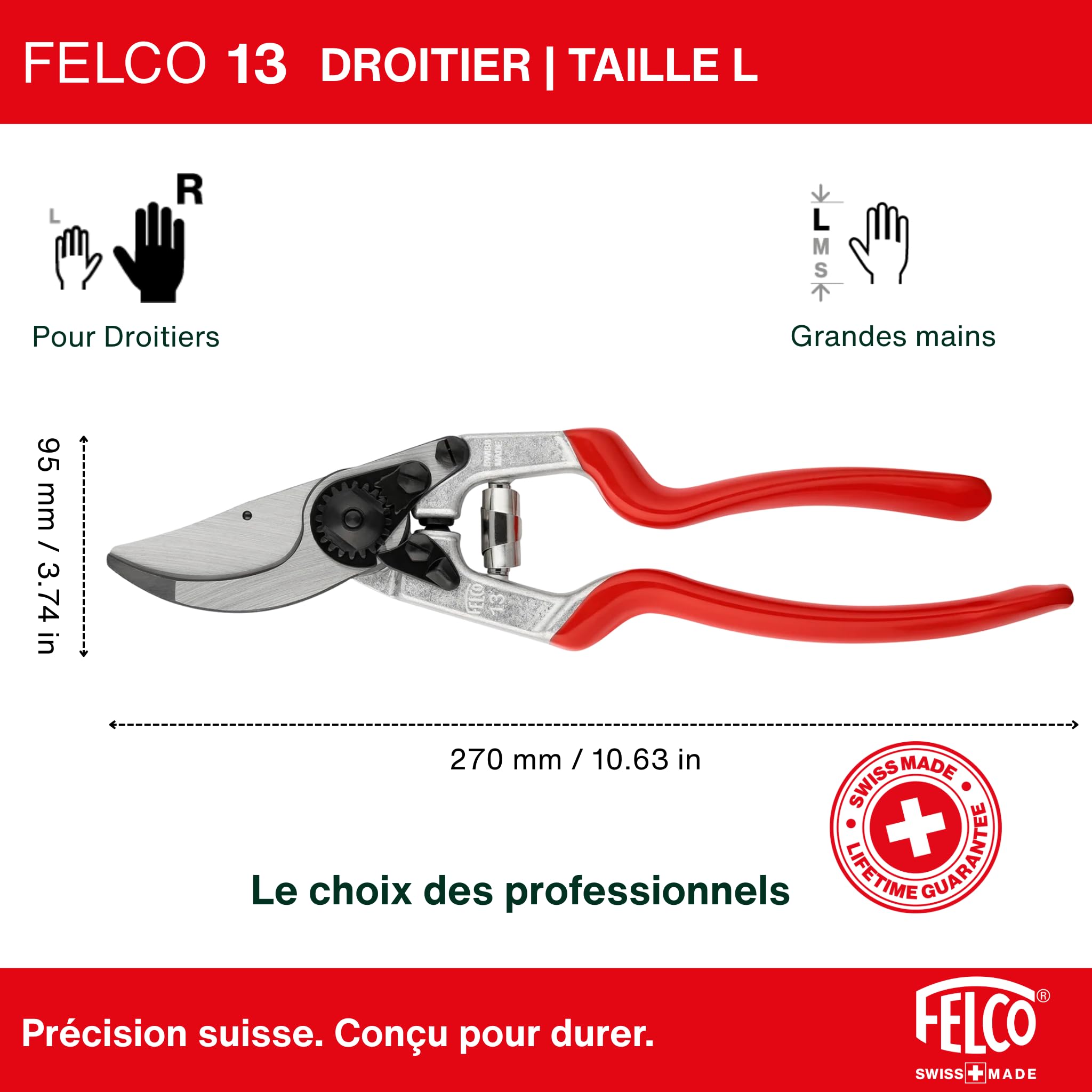 FELCO 13 sécateur droitier grandes mains à prise deux mains, coupe 30 mm