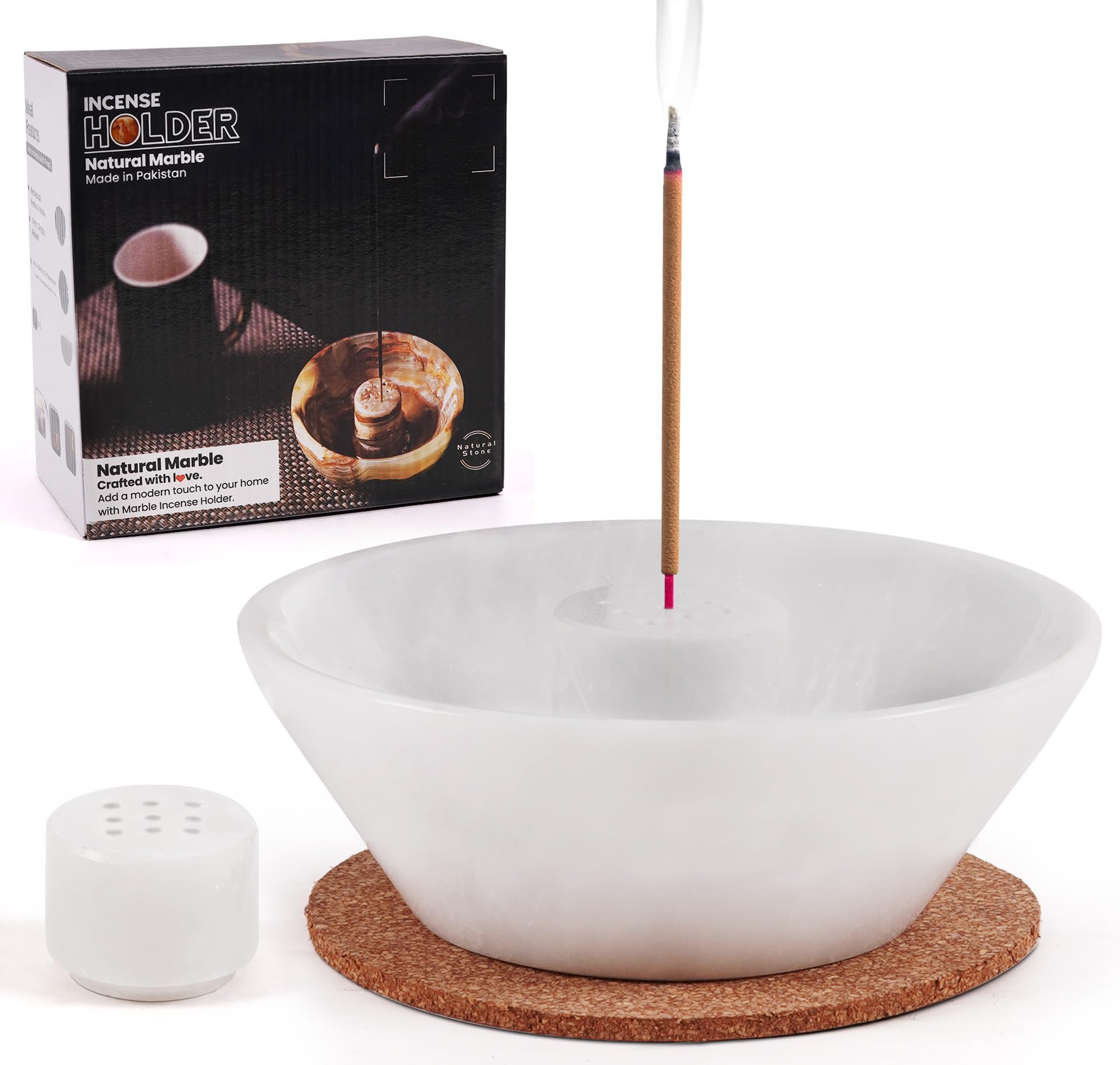 Handmade White Marble Incense Holder 5.5 Inch Incense Stick Burner Ash Catcher Bowl Palo Santo Holder for Meditation Yoga Room Home Decor