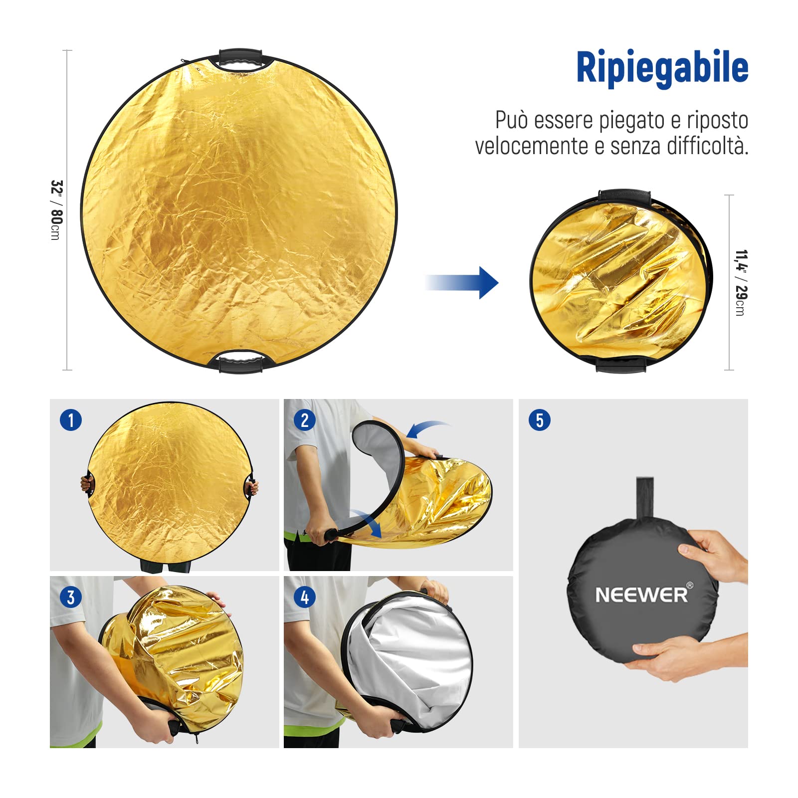 NEEWER Riflettore di 32"/80cm, Maniglia con Filetto da 3/8", Disco Ripiegabile 5 in 1 Diffusore Trasparente/Argento/Oro/Bianco/Nero per Illuminazione Fotografica, Illuminazione Esterna, RF-80II