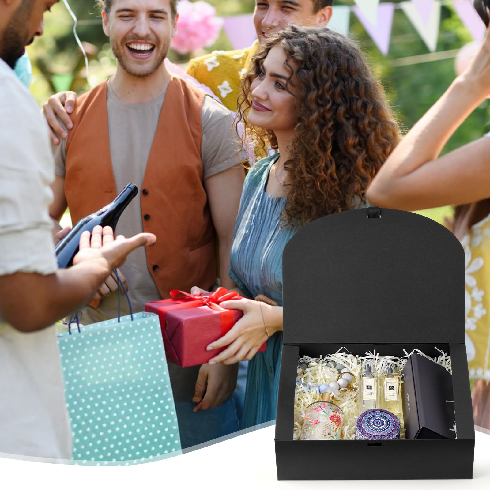 Confezione da 24 scatole regalo con coperchio, 26 x 20 x 8 cm, scatole regalo di lusso nere con nastro, per matrimoni, imballaggi, regali, compleanni (nero)