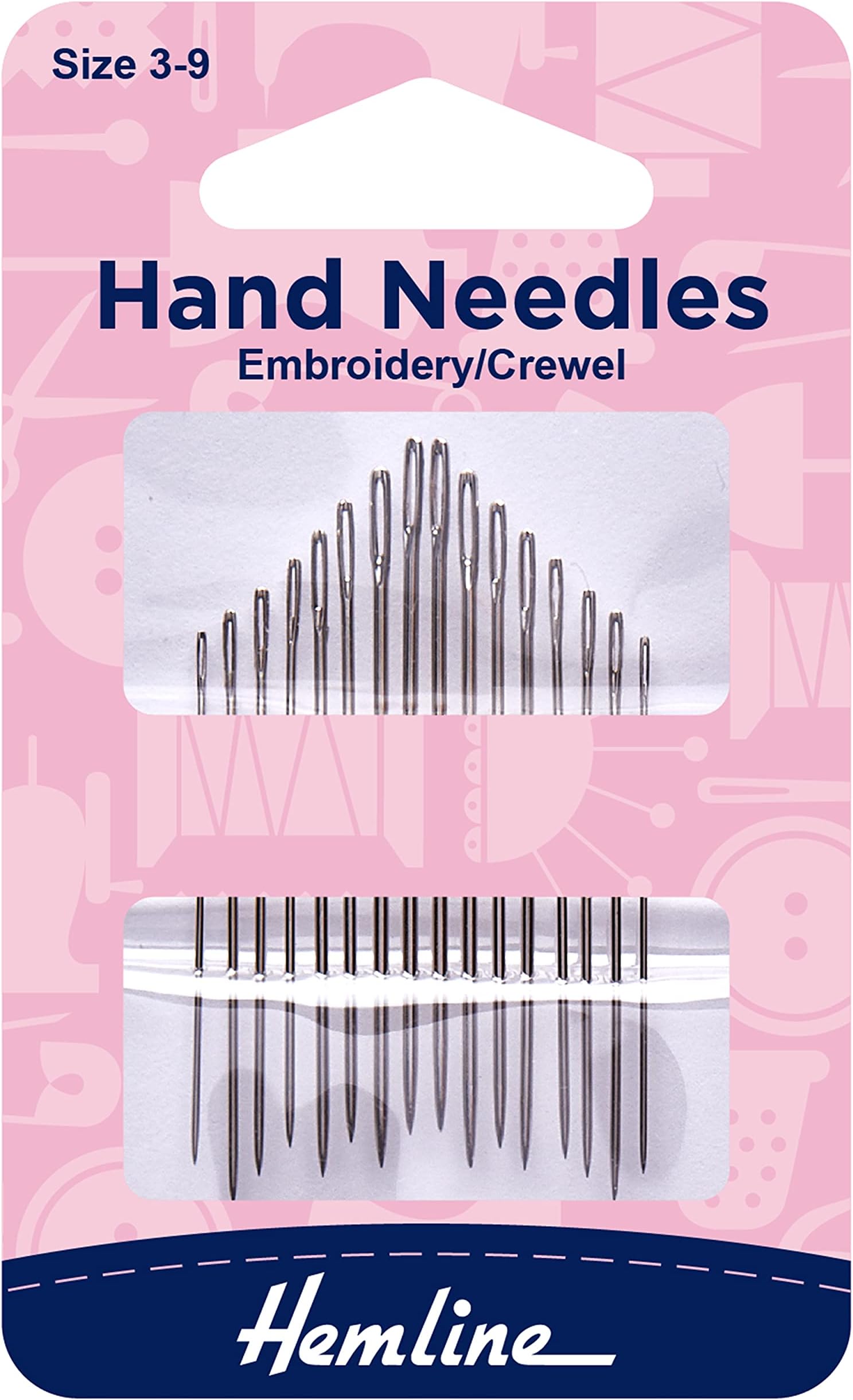 Hemline Hand Sewing Needles - Embroidery/Crewel size 3-9. Pack of 16