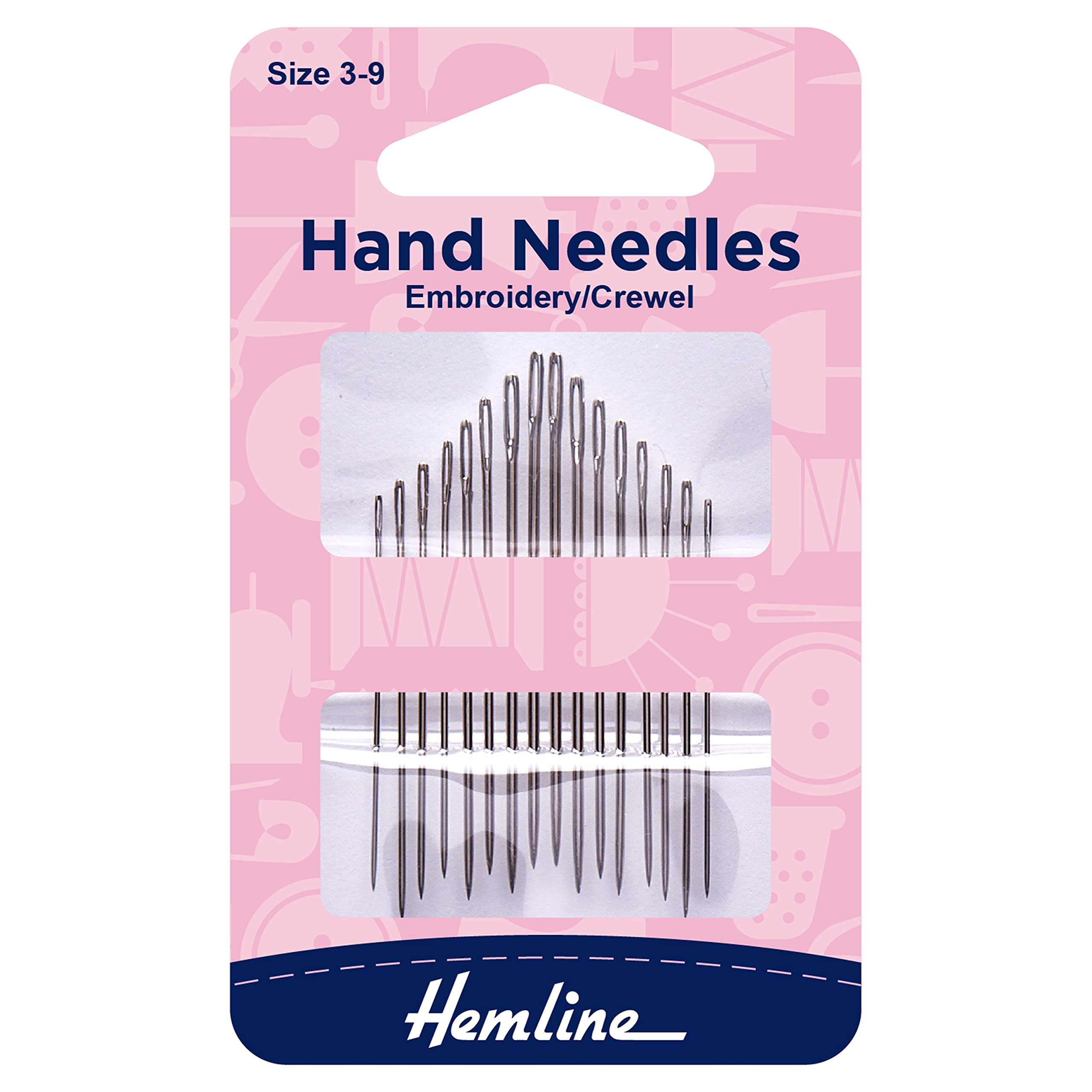 Hemline Hand Sewing Needles - Embroidery/Crewel size 3-9. Pack of 16