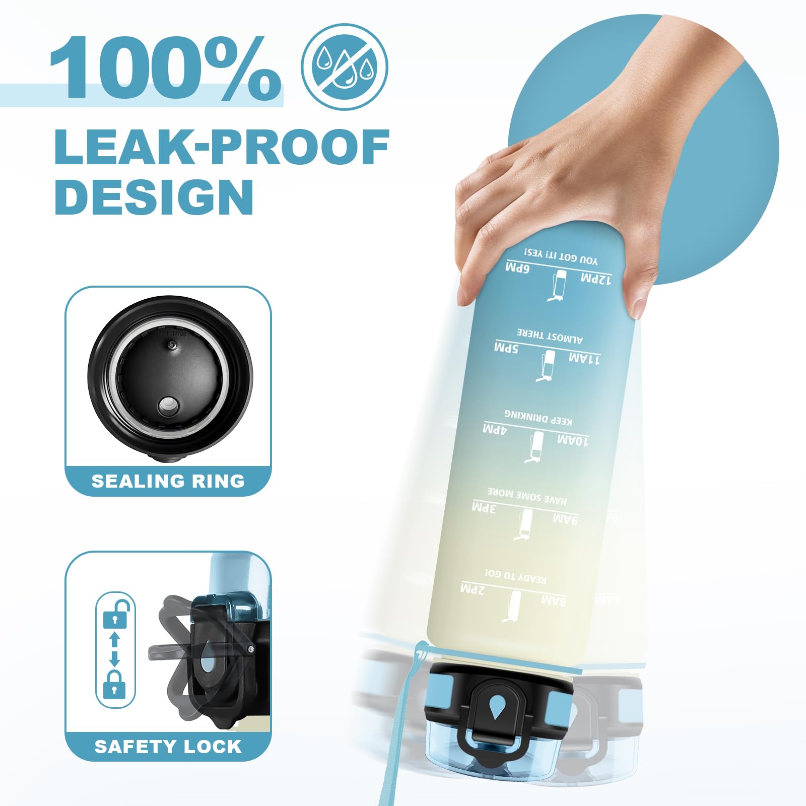 JAPORIA Borraccia 1 Litro, Bottiglia con Filtro, A Prova di Perdite, Borraccia senza BPA, Riutilizzabile, Bottiglia Motivazionale con Indicatore del Tempo, Borracce per Scuola, Ufficio, Campeggio