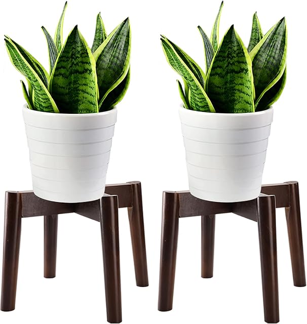 Peohud 2 Pack Plant Pot Stand Indoor, 10 Inch Plant Stand Plant Flower Pot Base, Mid Century Modern Design Wood Flower Display Snake Plant Holder 24cm, Brown (Pot and Plant Not Included)