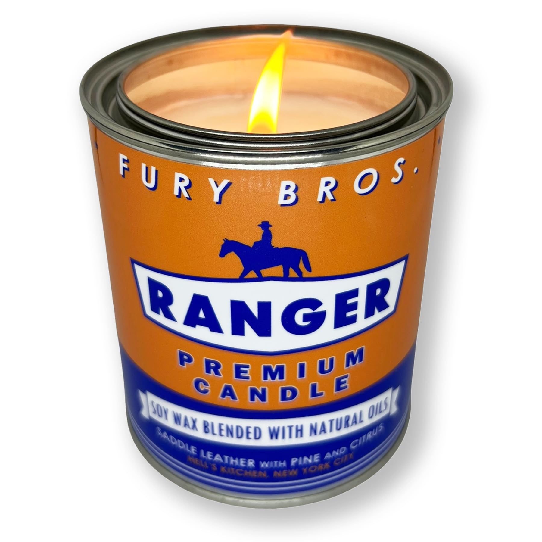 Fury Bros. Scented Candles for Men | Ranger | Saddle Leather Pine Citrus | Natural Soy Wax | Hand-Poured in The USA | Long 70-80 Hour Burn (12.5 oz) | Vintage-Inspired Tin Design | Dad Home Gift