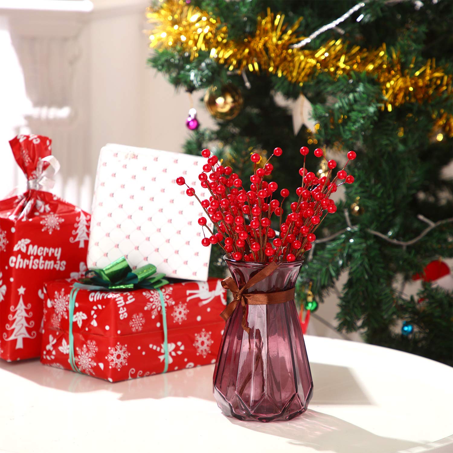 20 Pièces Baies Rouges Artificielles de Noël Fleurs Artificielles à Tige de Brindille Bouquet de Fausses Baies d'hiver pour Décorations d'arbre de Noël et Bricolage