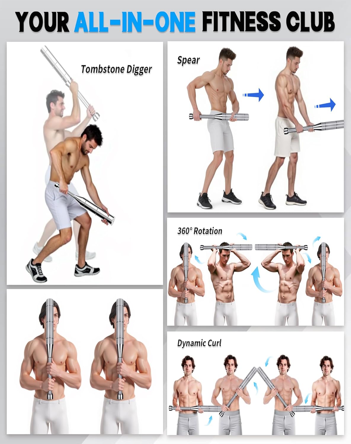 Adjustable Macebell, 6/8/13-in-1 Indian Club Weighted for Strength Training, Shoulder & Grip Workouts, Progressive Weight System