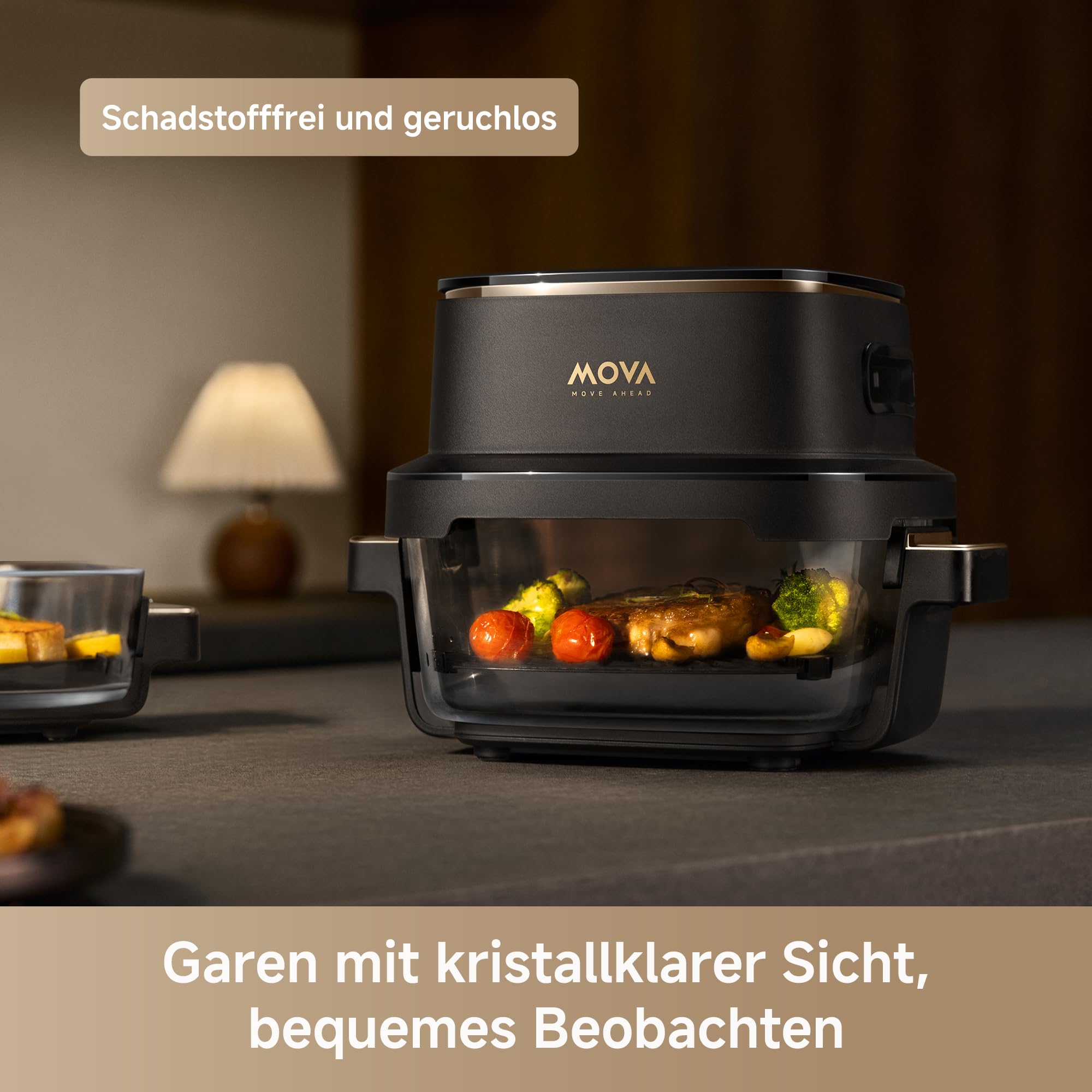 Mova Aeroglass AF20 Pro Heißluftfritteuse: Transparenter Glasinnenraum, Doppeltes Fassungsvermögen (4 l + 2,5 l), Glasschüssel, Bürstenloser Motor, 8 Rezepte, 40–210 °C, Intelligente Voreingestellte