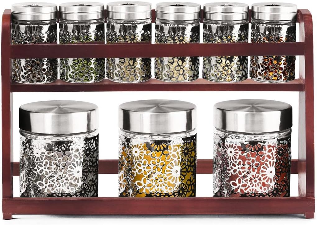 HOMESMART Premium Quality Glass Jar Spice Rack | Kitchen Organizer For Spice Bottles with Airtight Metal Lid | Set of 9 pcs Spice Organizing Jars Glass Jars For Kitchen Rack | Premium Gift