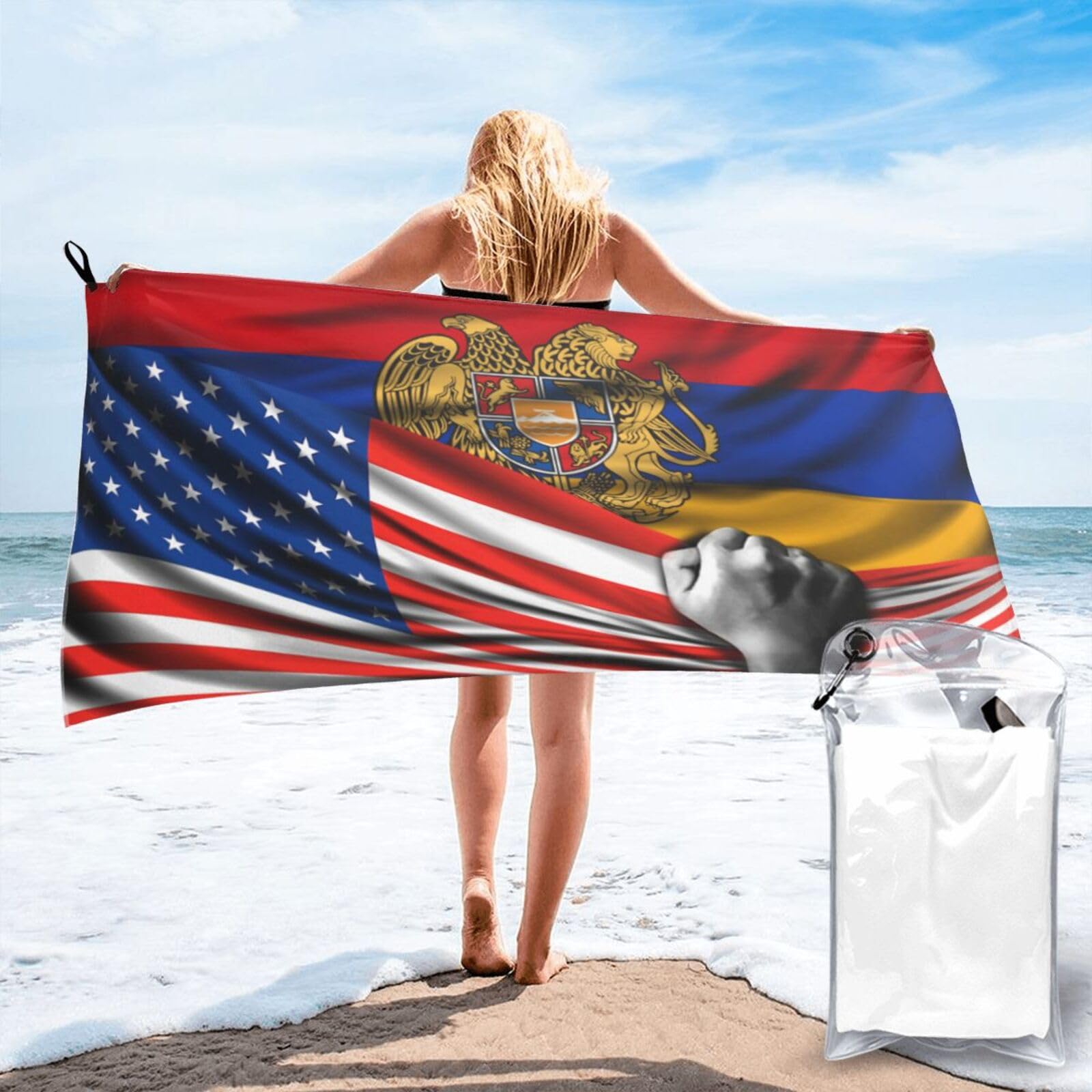 HACXZ Beach Towel America Flag and Armenian America Flag Microfiber Beach Towel Lightweight Absorbent 31.5"X63"
