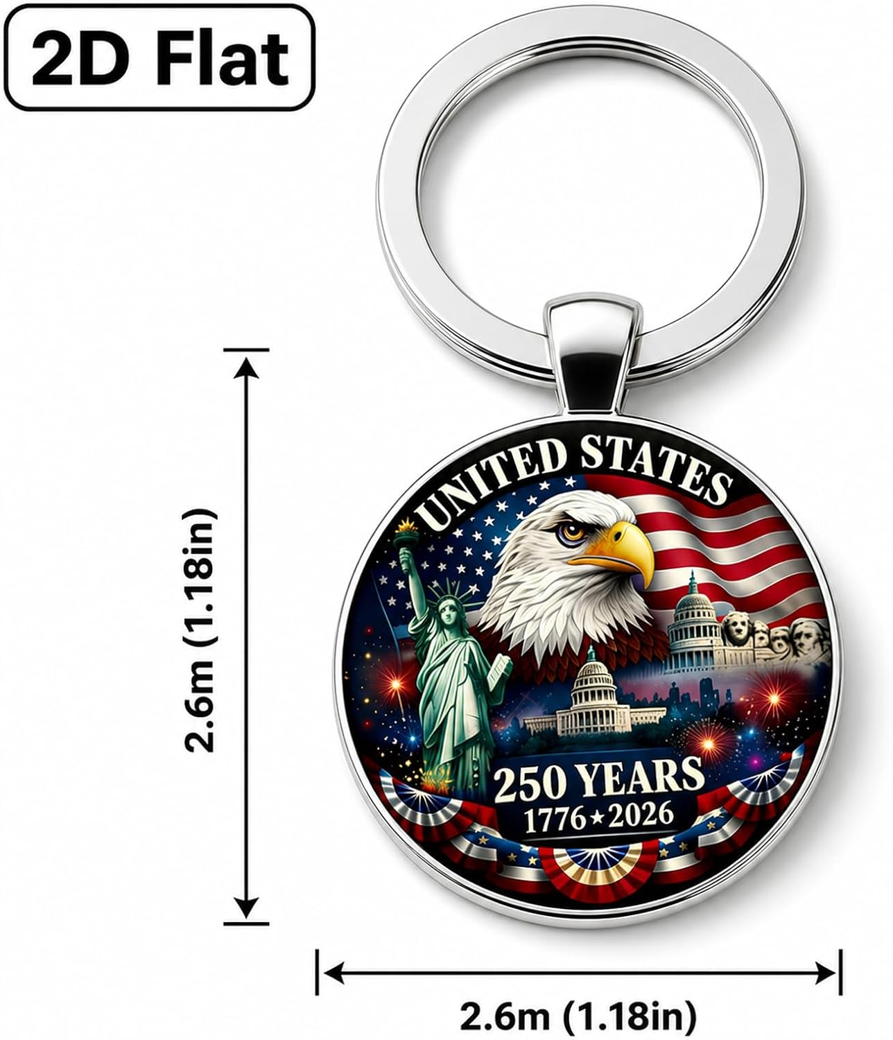 2Pcs USA 250th Anniversary Keychain, 250th Anniversary American Patriotic Metal Key Ring with Eagle, Flag & Landmarks Design, Commemorative Gift for Independence Day & Patriotic Events