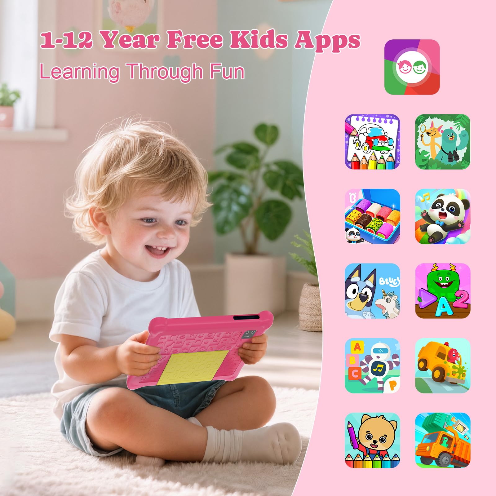 Tablette Enfants 7 Pouces Android 13 Tablette pour Enfant 5GB RAM 32GB ROM(TF 128GB) Contrôle Parental, GMS, WiFi, Bluetooth, Kids Tablette Tactile Éducative avec Kid-Proof Étui (Rose)
