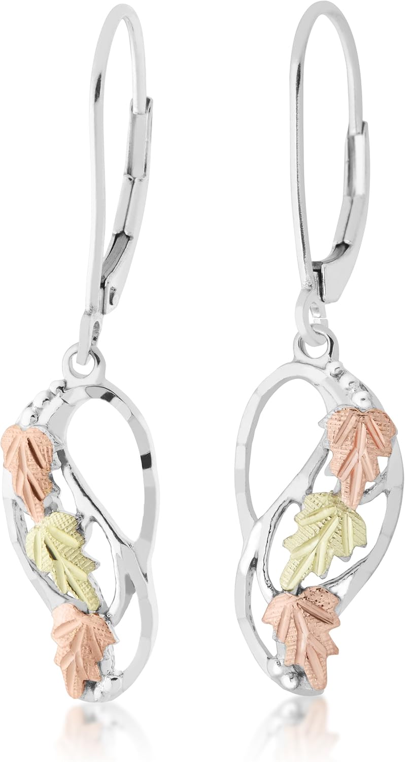 Black Hills Gold Dangle Leaf Earrings, Sterling Silver with 12k Green & Rose Gold Accents, Handcrafted Women's Statement Jewelry
