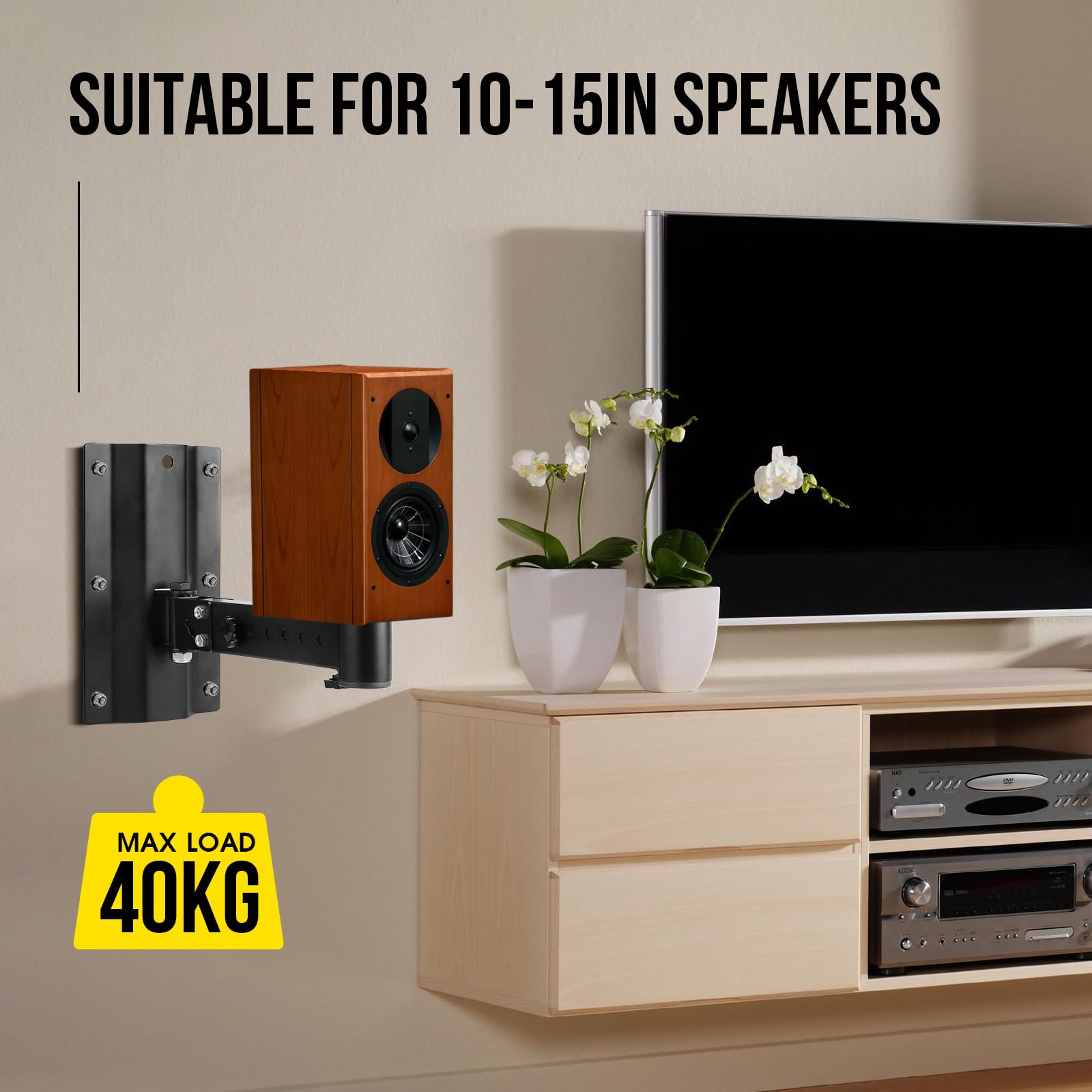 Drall 2 Pezzi (1 Coppia) Altoparlanti Supporto da Parete Nero Fino a 15 kg di carico Porta diffusori per diffusori Home Cinema Hi-Fi inclinabile e Girevole Montaggio a Parete: BH2B