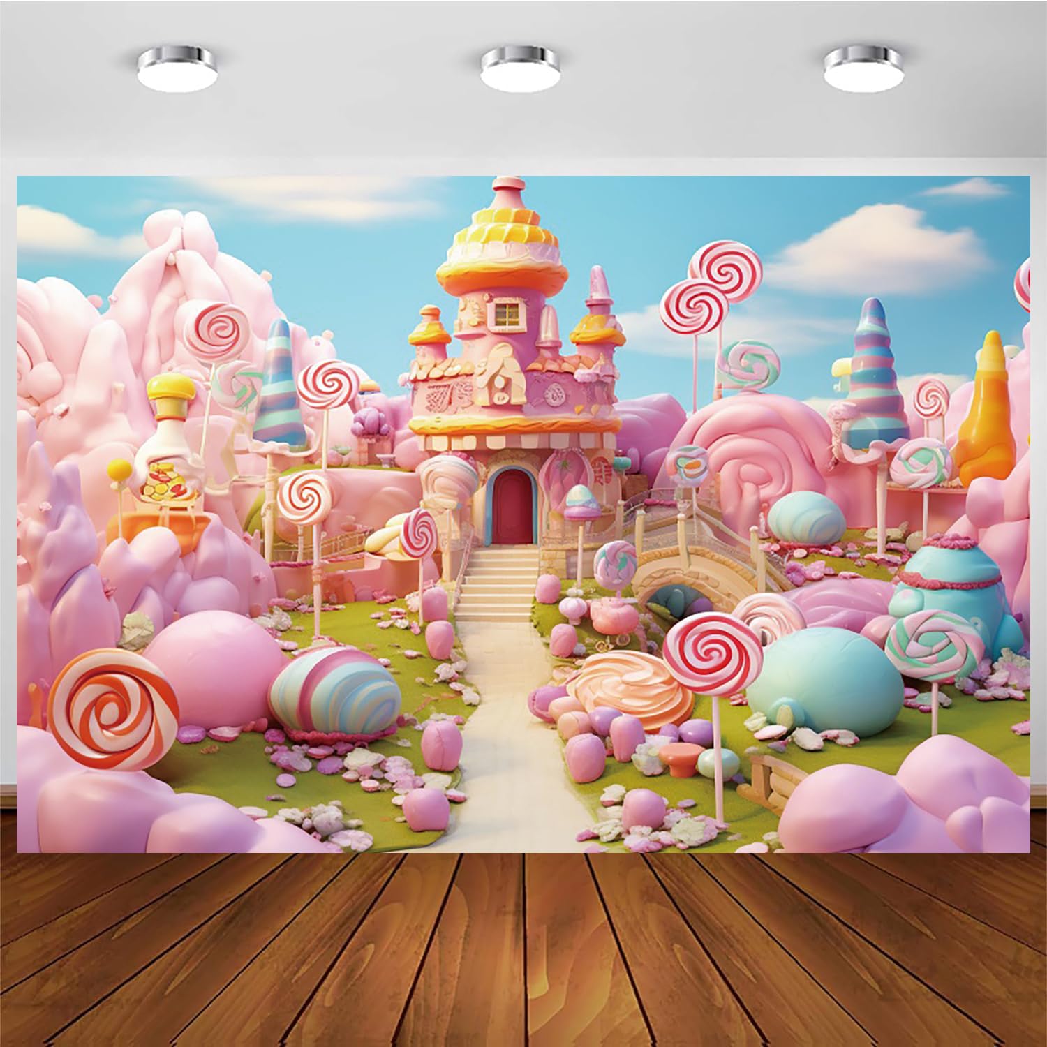 2.1x1.5m Sfondo Candyland fantasia dolce castello di caramelle lecca-lecca fotografia sfondo ragazze compleanno Candyland tema partito decorazioni Banner Photo Booth Props