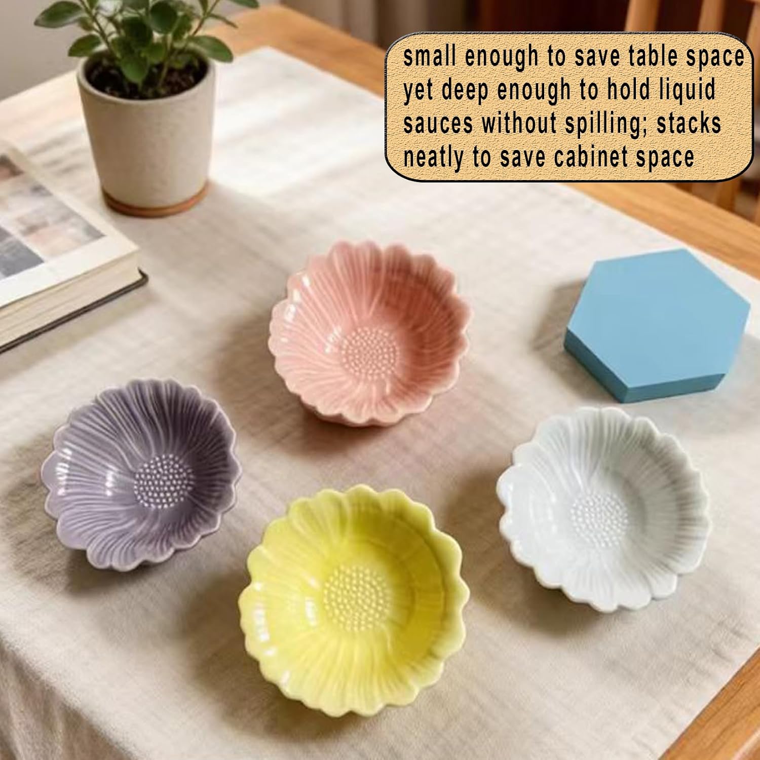 Markeny 4 Pack Ceramic Soy Sauce Dish Flower Design Bowls for Elegant Home