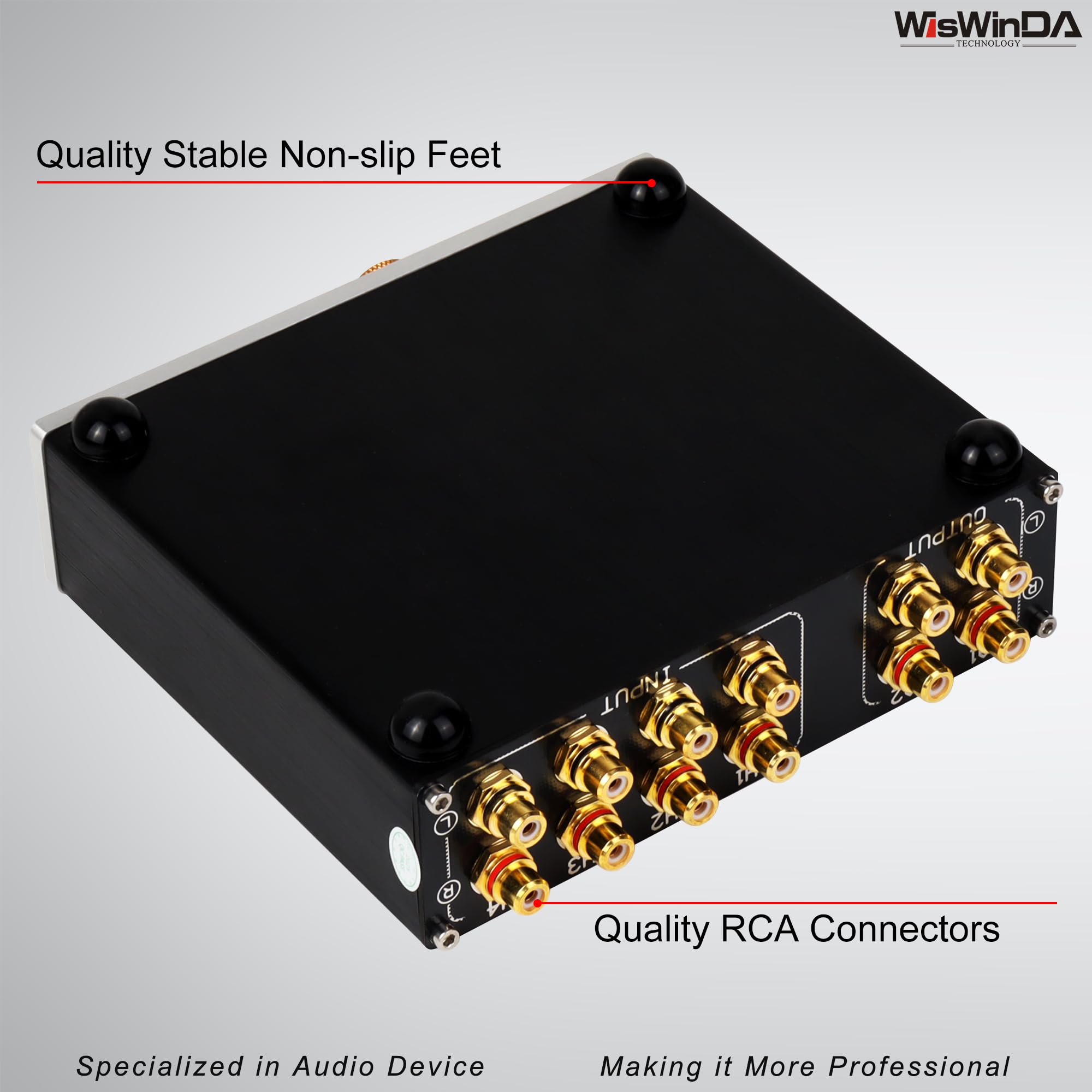Caja de conmutación de audio Pro RCA de 4 pulgadas, 2 salidas, convertidor de audio, 4 canales, 4 pulgadas, 2 salidas, estéreo HiFi, selector de audio pasivo, caja de conmutación, carcasa de aluminio