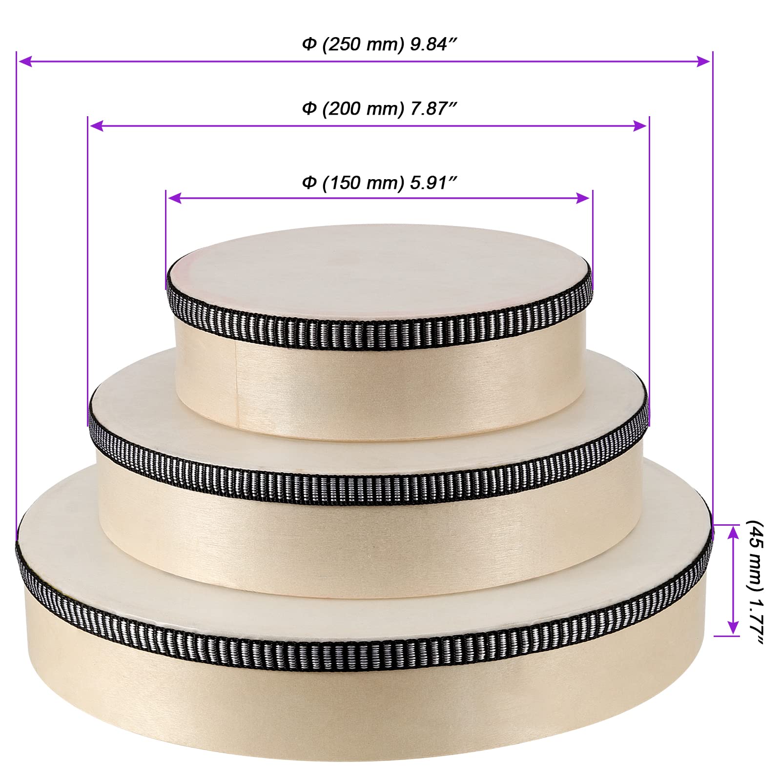 JOIKIT Set di 3 Tamburi in legno da 15,2 cm, 20,3 cm e 25,4 cm, tamburello con bacchette, tamburi a mano, per batteria Percussione testa di pecora pre-sintonizzata per illuminazione musicale