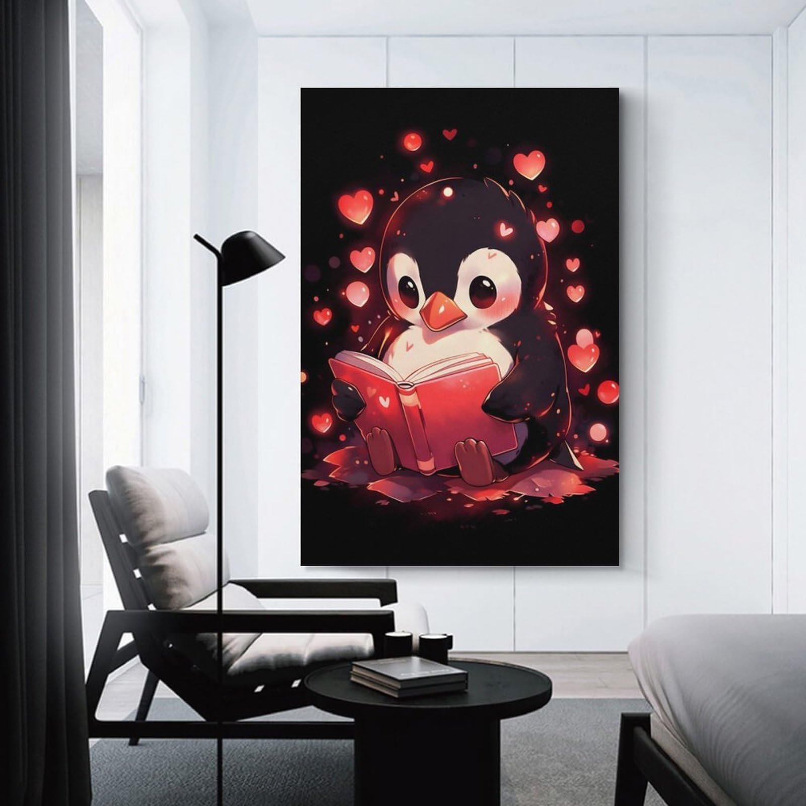 Junmoney Penguin Hearts Books Canvas Wall Art, 24x36inch(60x90cm), for Workspace Walls, Study Corners Or Bedrooms, An Interior Accent for Desk Areas