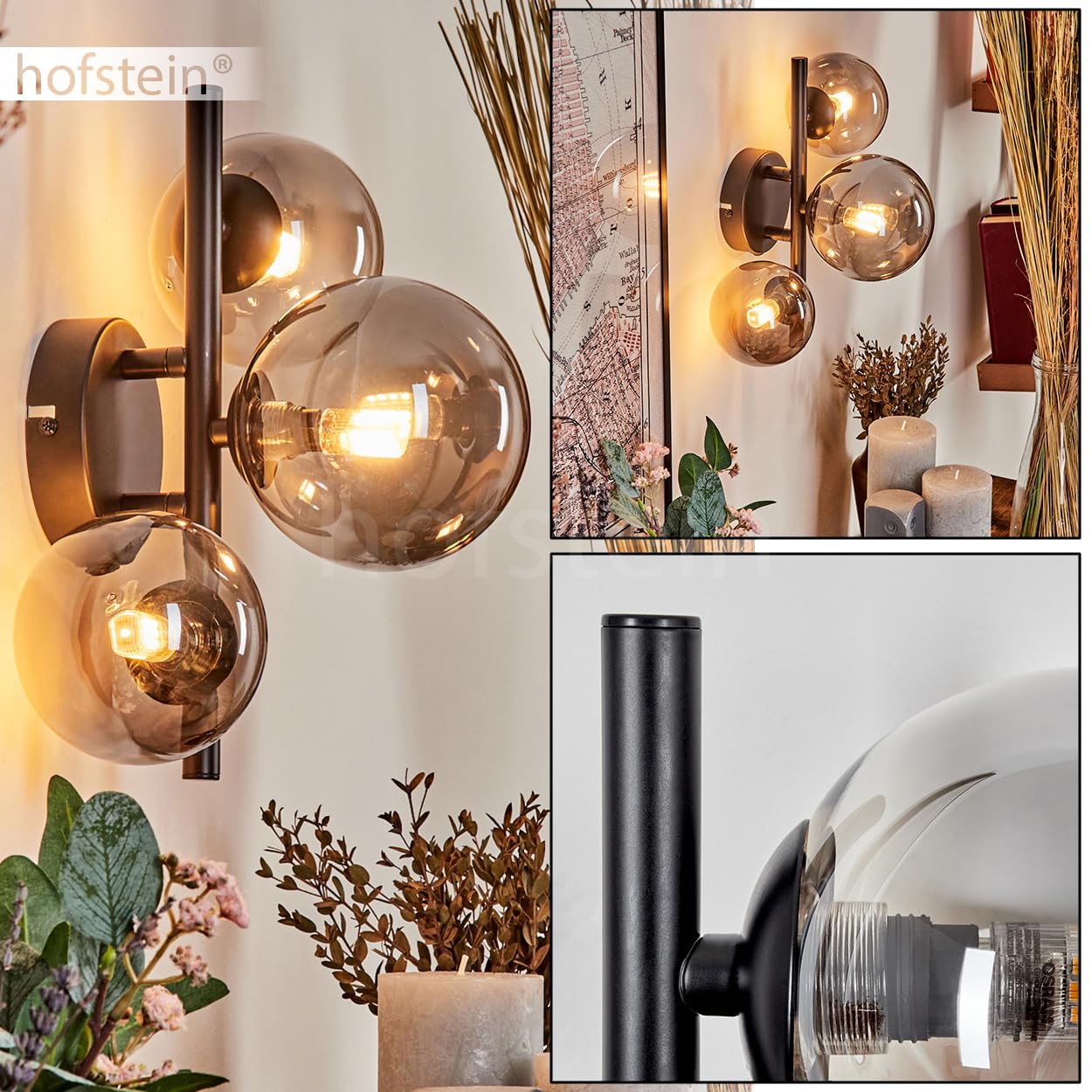 Wandleuchte Chehalis, Wandlampe aus Metall/Glas in Schwarz/Rauchfarben, Leuchte im Retro/Vintage-Design mit Schirmen aus Glas (Ø 10, 12 cm) u. An/-Auschalter am Gehäuse, 3 x G9, ohne Leuchtmittel