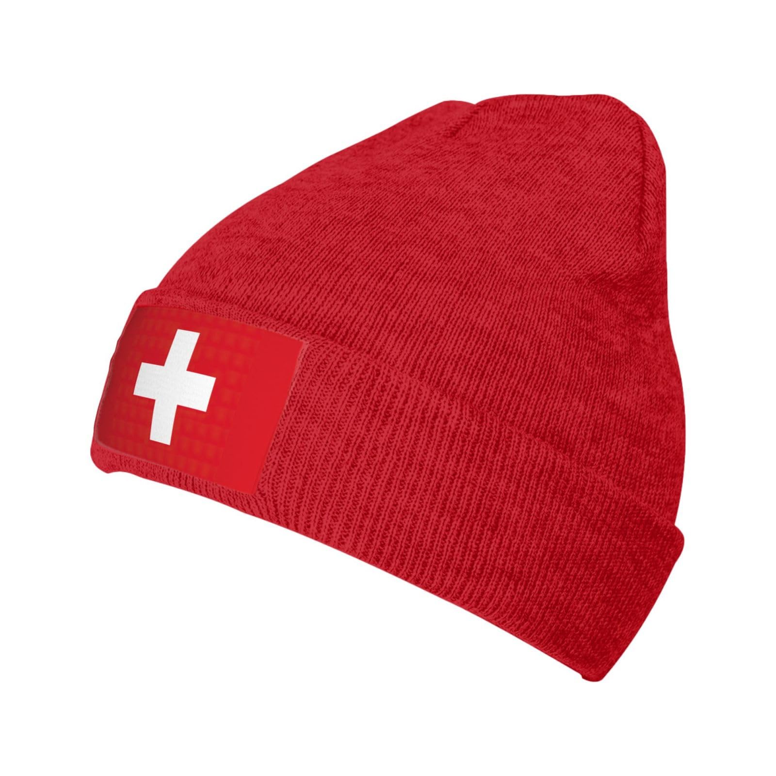 Flghjnbjn Unisex Red Swiss Flag Stretch Knit Cap With Velvet Patch Slouchy Warm Beanie For Cold Weather Cozy Hat