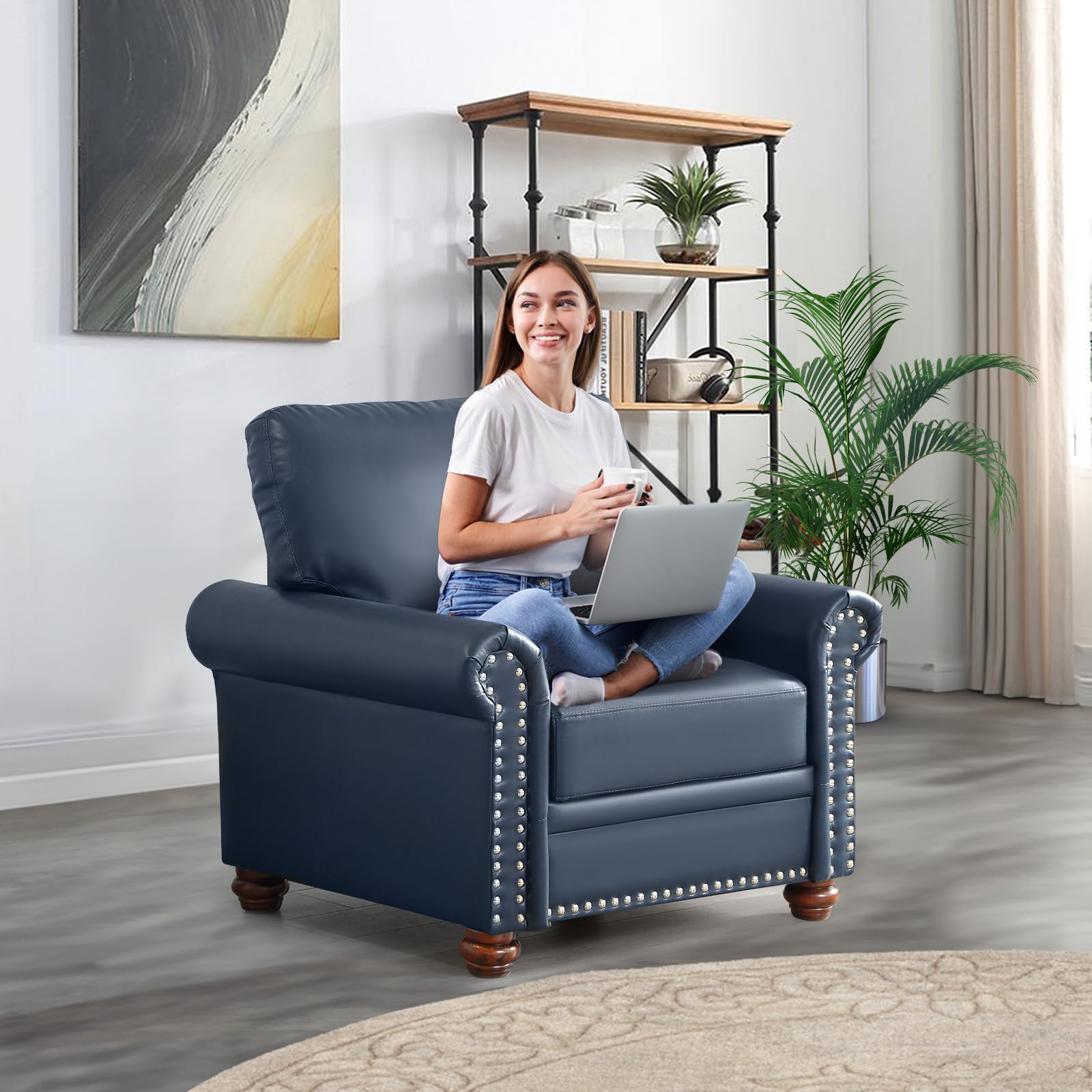 Wingback Chair Navy Blue Leather Recliner Chair Accent Chairs