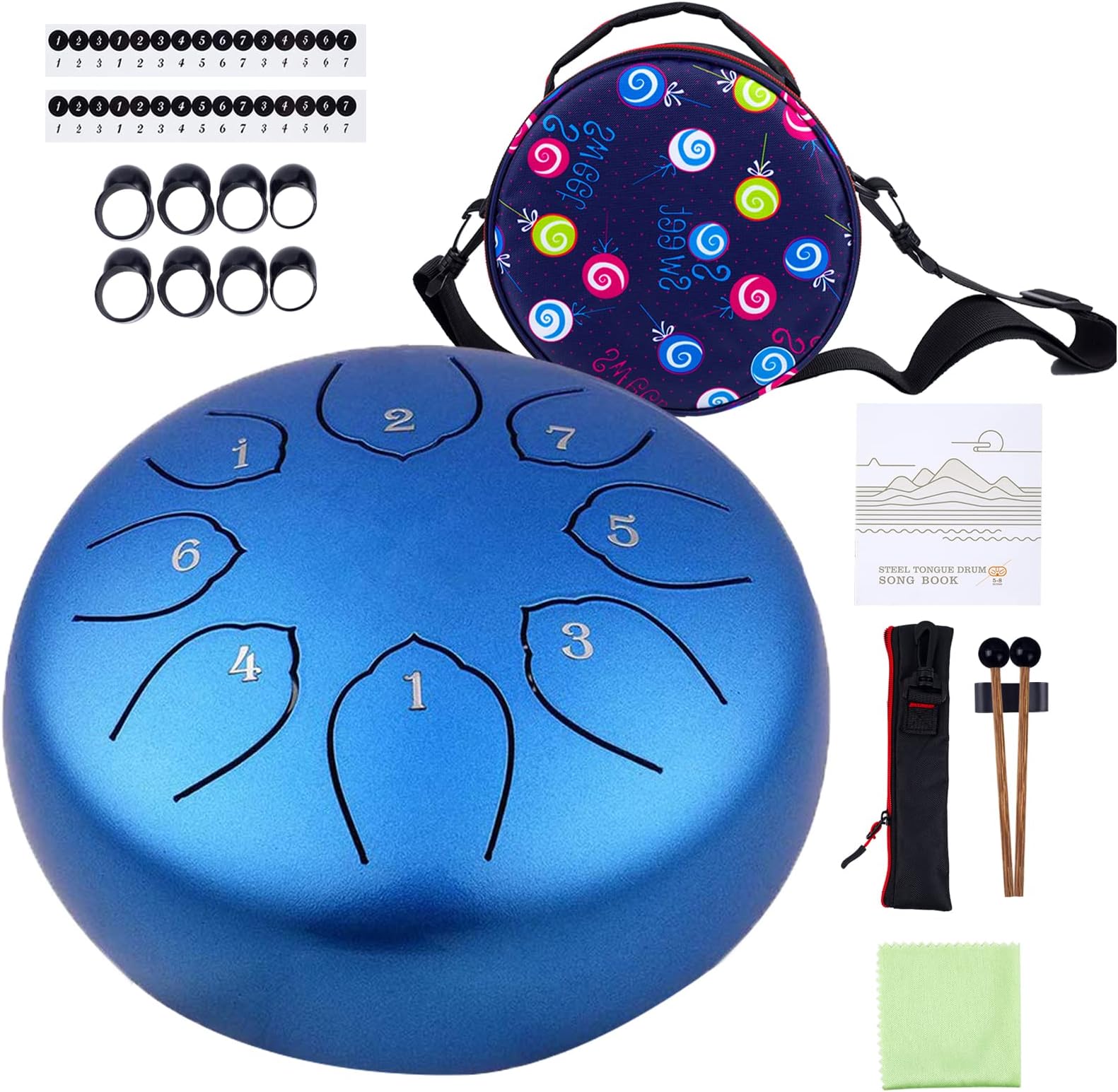 Steel Tongue Drum 6 inches 8 Notes Percussion Instrument C-Key Handpan Drum with Bag,Couple of Mallets Wiping Cloth for Musical Education Concert Mind Healing Yoga Meditation (Blue)