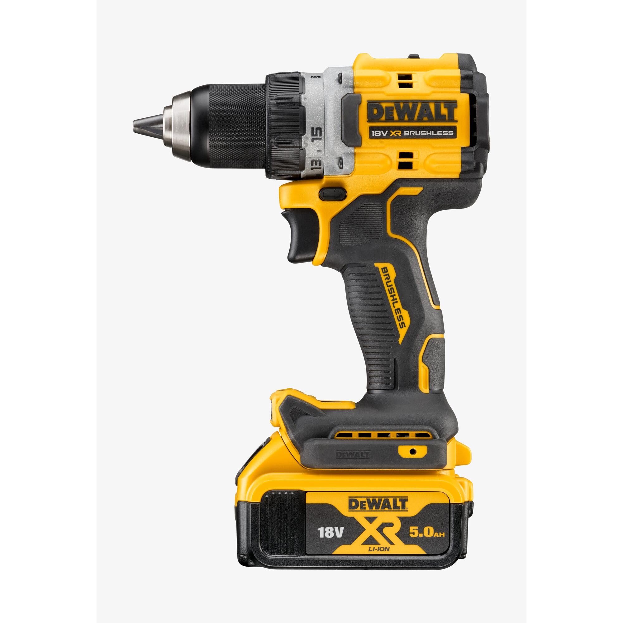 DEWALT DCD800P2T-QW - Taladro atornillador 18V, 2 velocidades, Motor sin escobillas, Portabrocas rápido de 13 mm, Luz LED, Incl. 2 baterías de 5,0 Ah, cargador y caja TSTAK