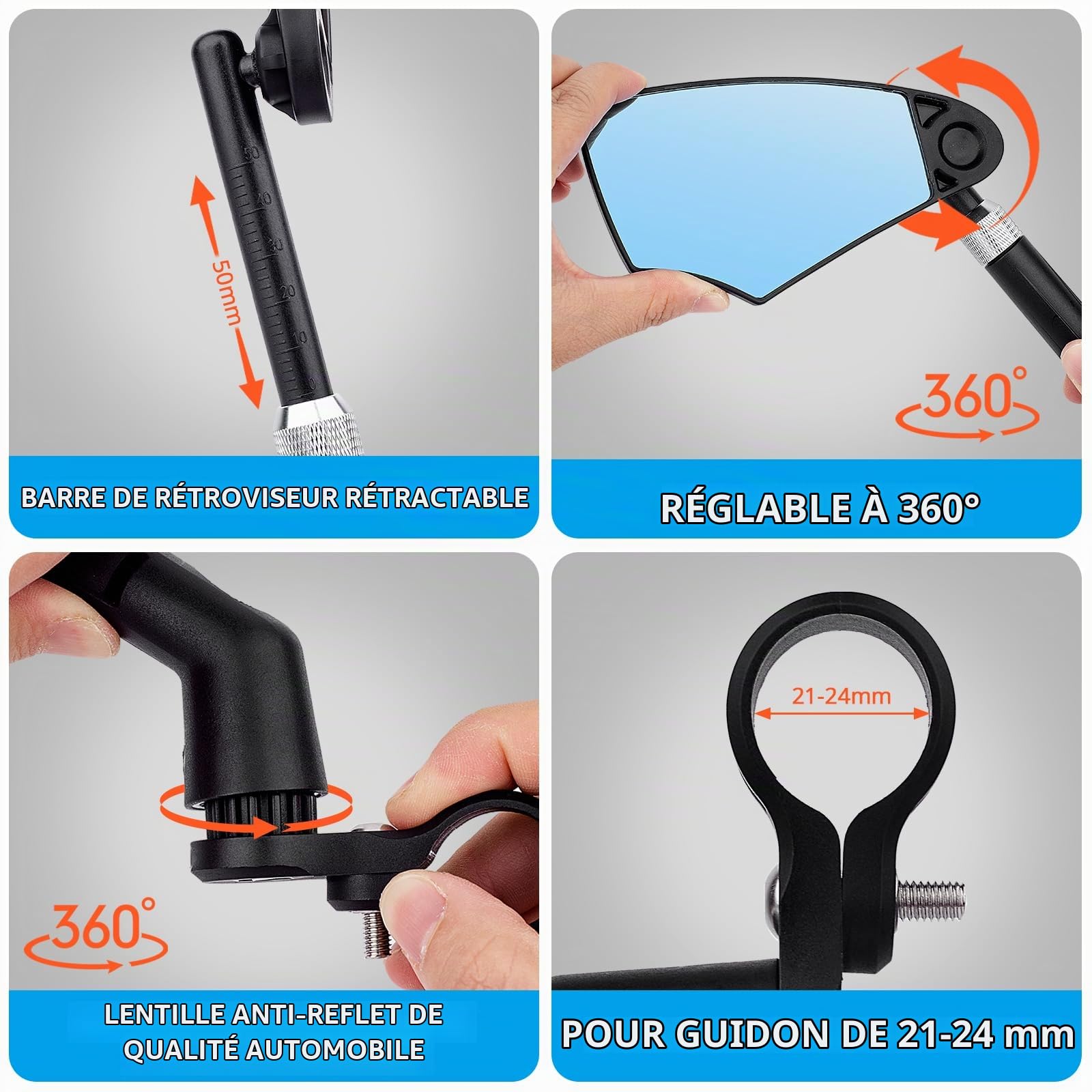 Lot de 2-360 degrés de rétroviseurs rétractables pour guidon de vélo, avec rotation plate antireflets, 21-24 mm