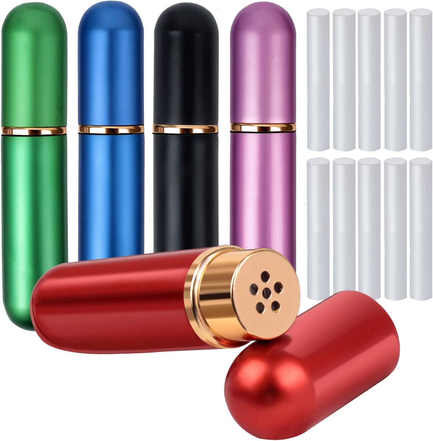 Essential Oil Nasal Inhaler, 5 Refillable Aluminum Glass Inhalers with 10 Cotton Wicks - Aromatherapy, Stress Relief, Energy Motivation, Immune Support