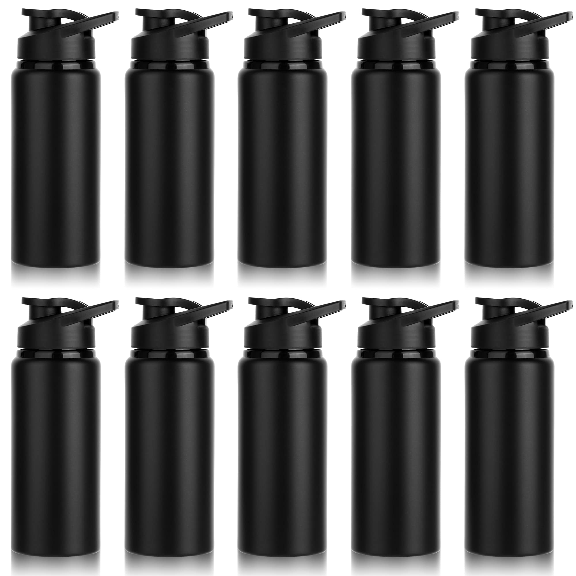 10 Pack Water Bottles Bulk, 20oz Sports Aluminum Water Bottle with Snap Lids Metal Reusable Leak proof Personalized Bottle for Travel Camping Gym Hiking Fishing(Black)