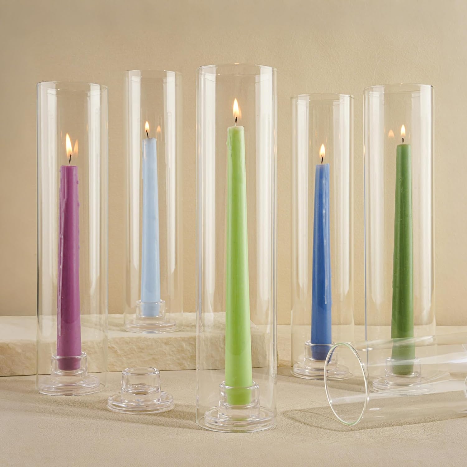 Hurricane Candle Holder Thickened Cylinder Covers Short Taper Candle Sticks Holder 2.5" D × 11" H Glass Tall Candlesticks Holders Centerpiece for Wedding Dining Table, 10 Pcs