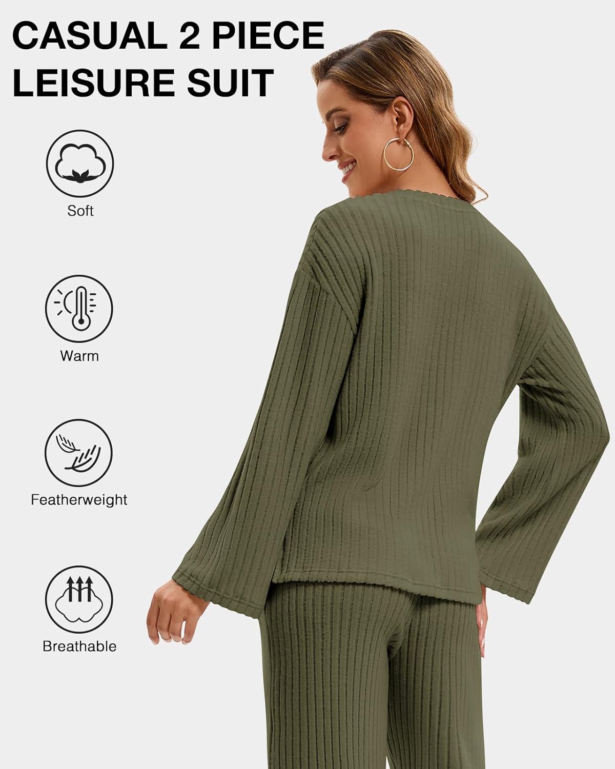 LEYSHE Lounge Sets for Women 2 Piece Ribbed Knit V Neck Long Sleeve Wide Leg Pants Loungewear Pajamas Fall Winter Outfits - Image 6