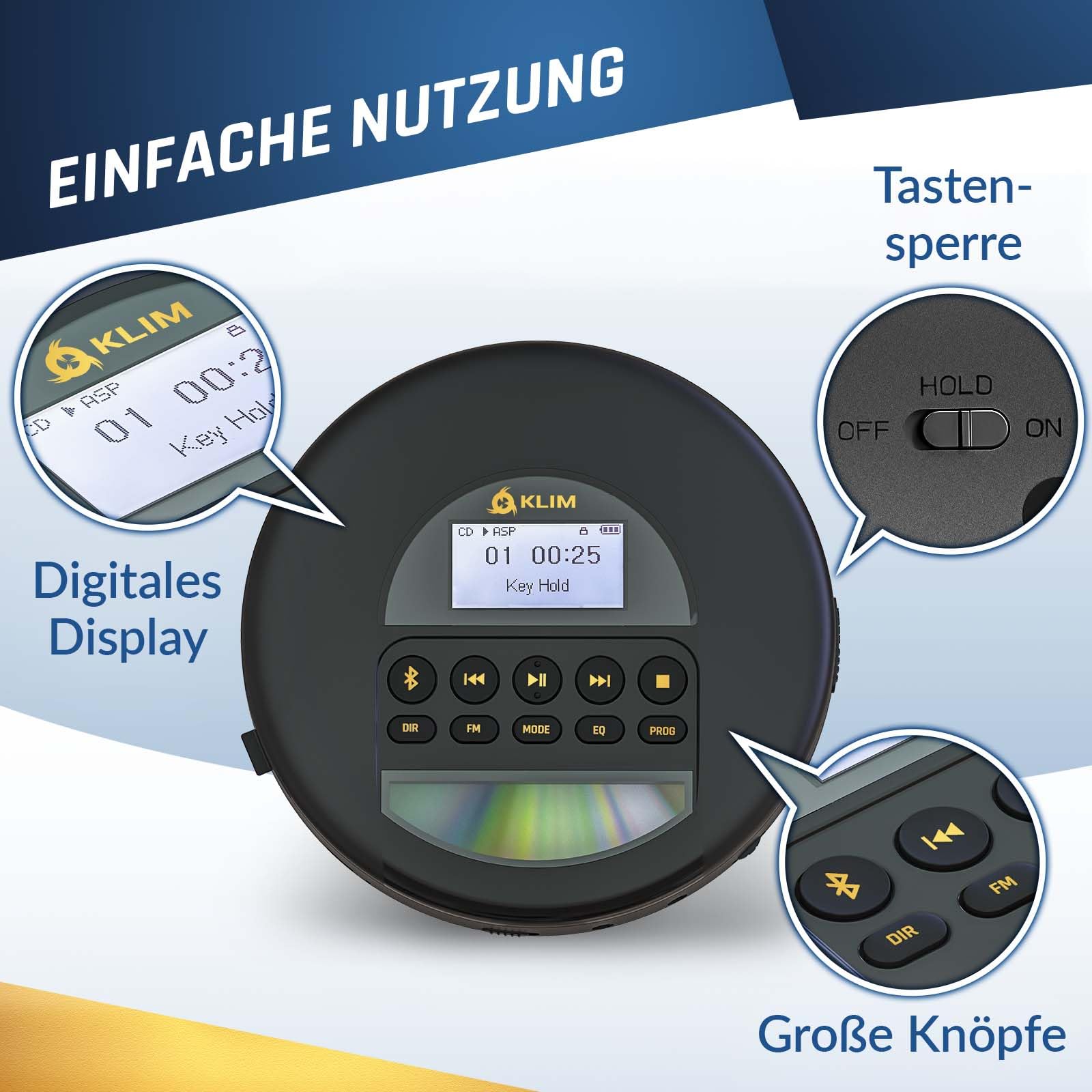 KLIM Nomad CD Player Bluetooth - Tragbarer CD-Player Discman mit langlebigem Akku - Inklusive Kopfhörer - CD-R, CD-RW, MP3 - Mit TF-Reader, Radio FM - Ideal für Autos - Portable Diskman