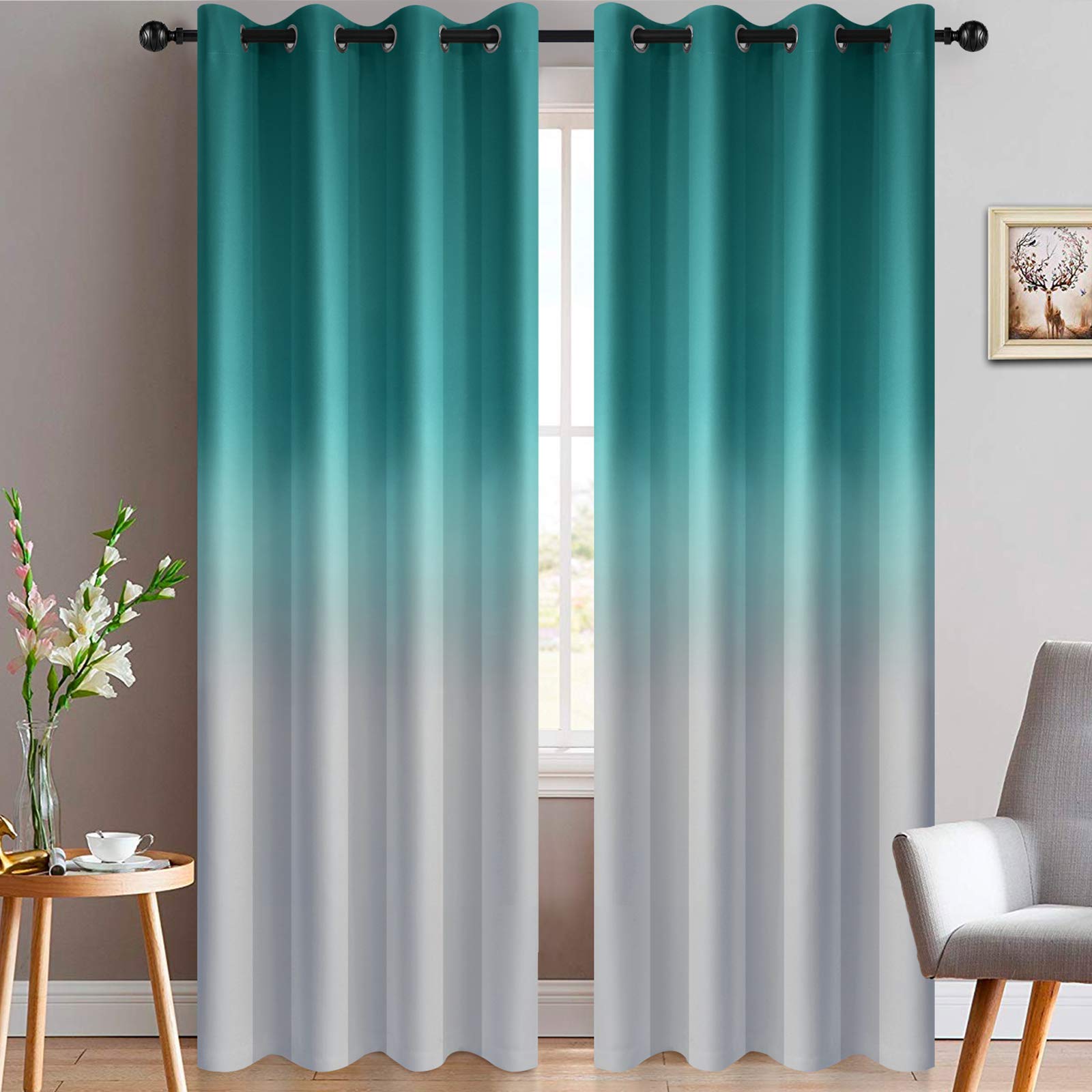 Yakamok Grommet Room Darkening Ombre Curtains 84 Inch Length, Teal and Greyish White Gradient Drapes Light Blocking Insulated Thermal Window Curtains for Bedroom/Living Room,2 Panels,52x84 Inches — image 1
