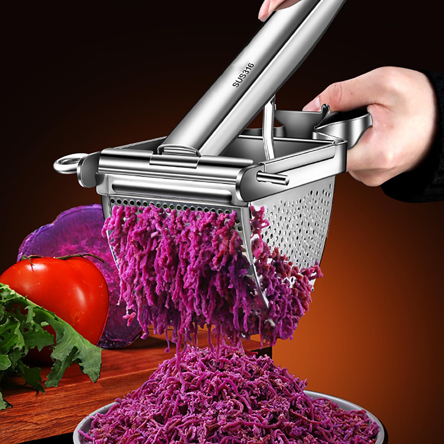 Josby Potato Ricer With Tongs And Spoon, Stainless Steel Heavy Duty Food Strainer, Multifunctional Fruit Vegetable Masher For Smooth Fluffy Mashed Potatoes, Kitchen Gadgets