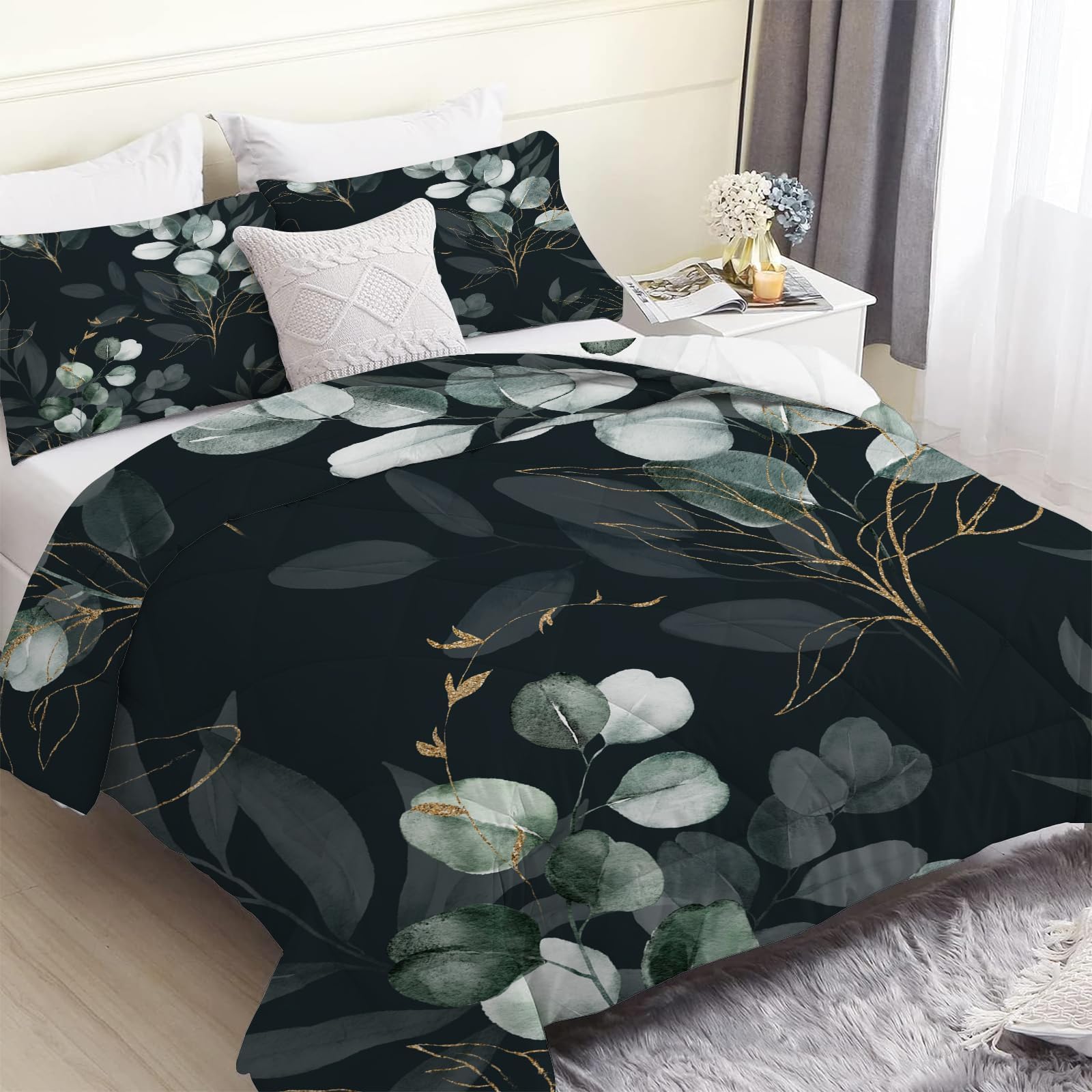 Black Eucalyptus Leaves Single Duvet, Reversible Coverless White Tropical Plants Duvet Single, Anti Allergy Bed Quilt 7.5 Tog for All Seasons - 1 Soft Washable Comforter Bedding with 2 Pillowcases โ image 1