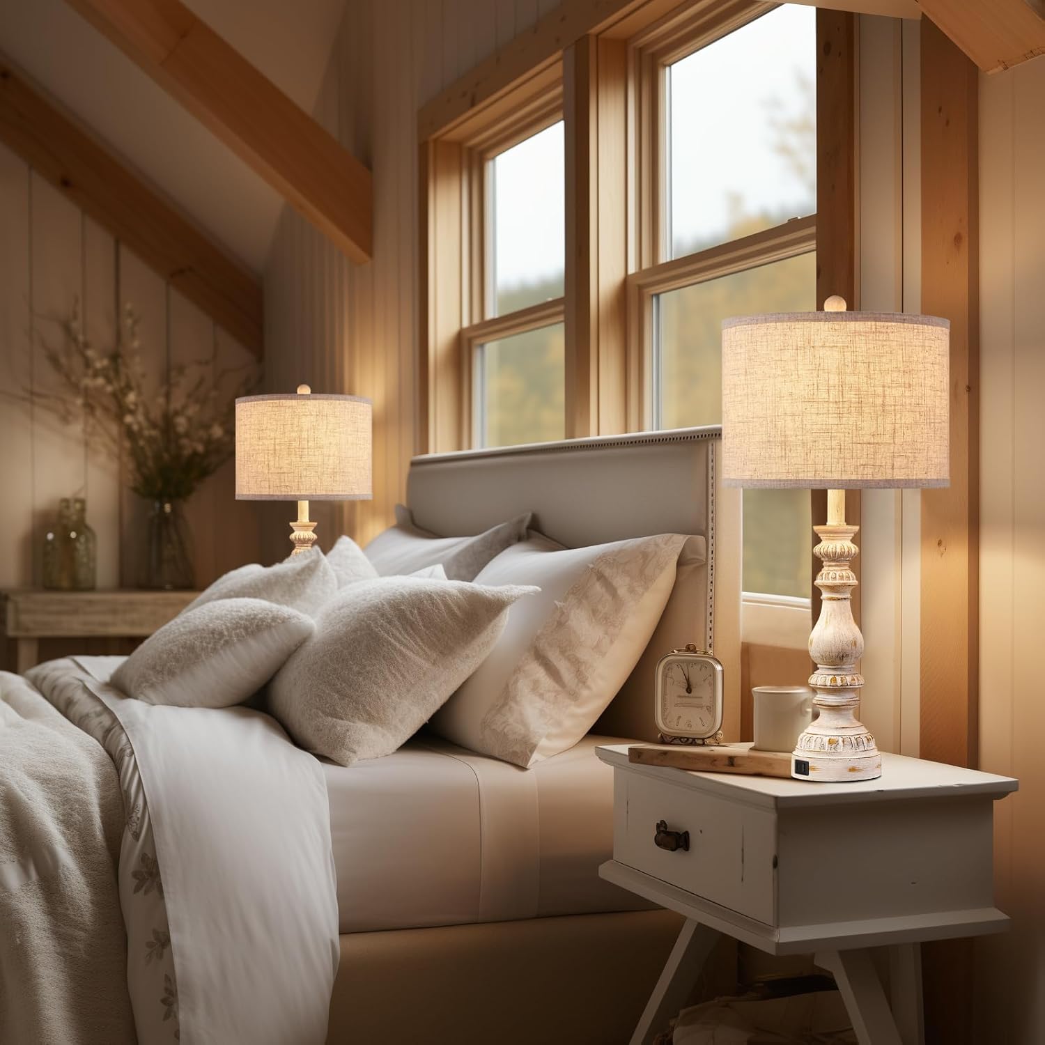 Farmhouse Bedside Lamps Set of 2 Bedroom Lamps for Nightstand with USB A+C Ports, 28” Rustic Vintage Table Lamps for Living Room with Rotary Switch - Bulb Not Included