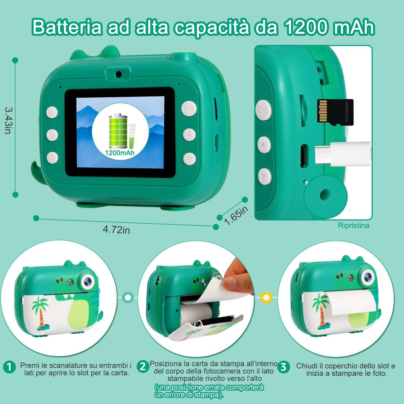 ARNSSIEN Macchina Fotografica Bambini Istantanea, 1080P Fotocamera Istantanea con 7 Rotoli di Carta, Fotocamera Digitale Bambini 2.4 Pollici, Regalo di Natale e Compleanno per Bambino di 3-12 Anni, M3