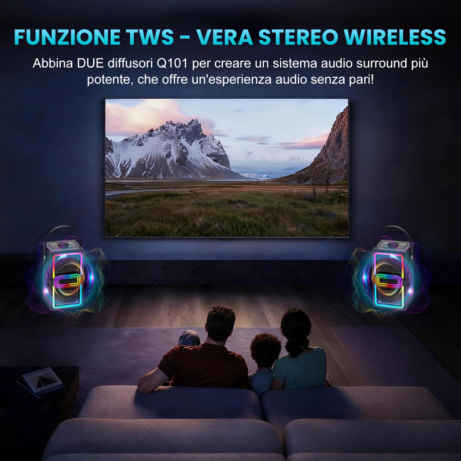 Altoparlante Bluetooth Wireless, 120 W di picco wireless TWS cassa bluetooth, altoparlanti portatili per feste all'aperto con subwoofer, bassi profondi, 6 luci LED colorate (Nero)