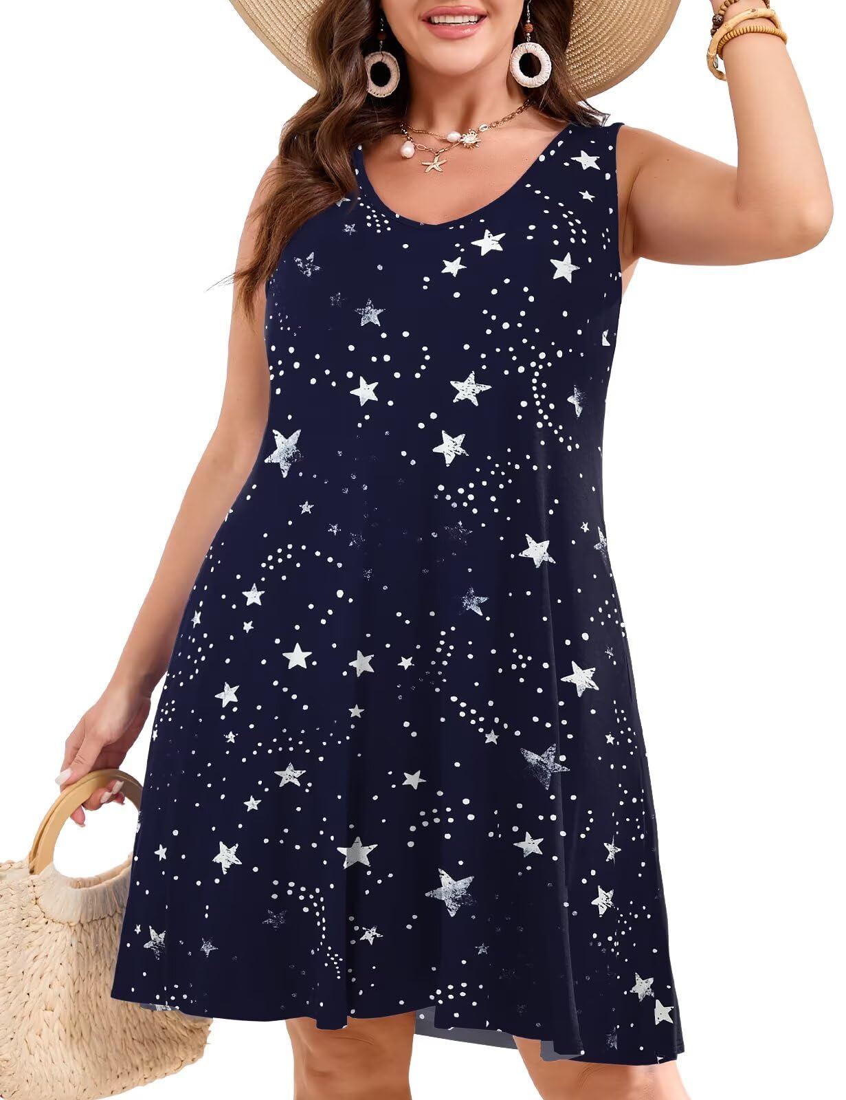 JollieLovin Women Plus Size Curvy Summer Tank Sun Dresses Sleeveless Causal T-Shirt Dress Beach Swing Cover up(L-5X)