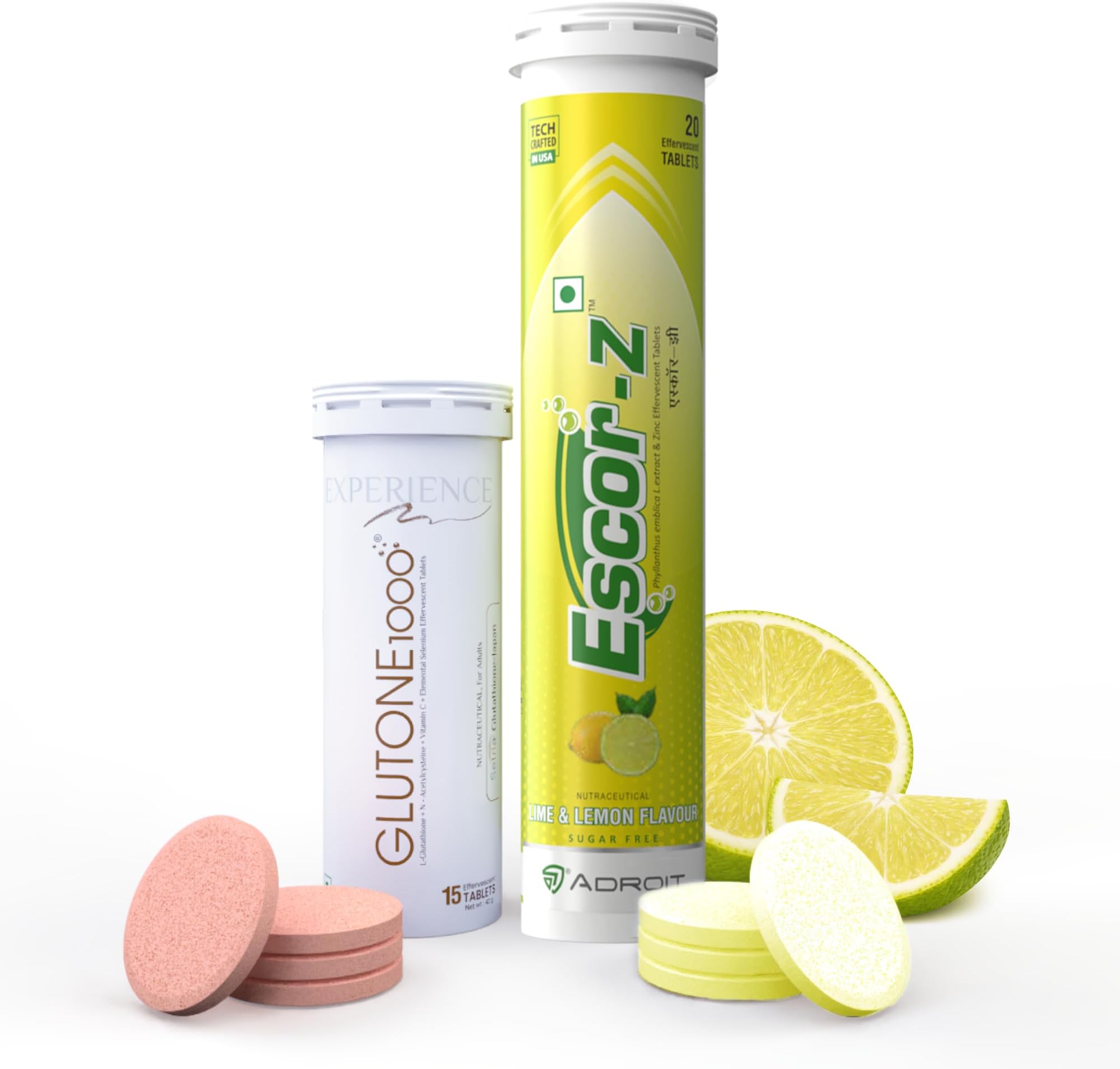 1000 & Escor-Z Combo Pack| Setria L-Glutathione, Vitamin C and Zinc Effervescent Tablets| Healthy Skin| Pack of 15 + 20 Tablets (Lime & Lemon Flavour)