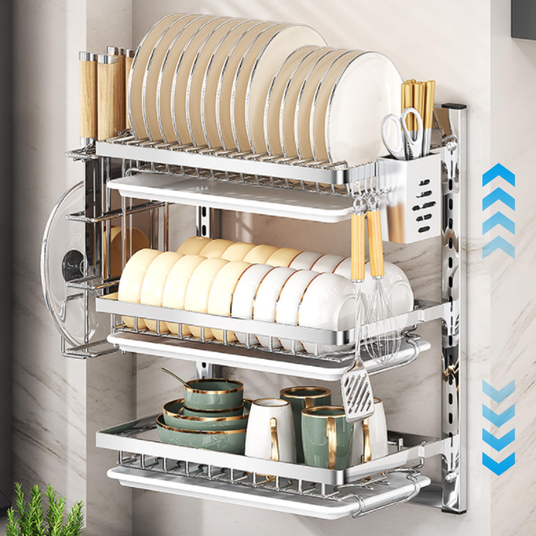 Yeory Artillo de Secado de Platos montados en la Pared, Estante de Secado de Plato de Acero Inoxidable de 3 Niveles, Estante de Secado para Platos Colgantes, lavador de Platos de Montaje en la Pared