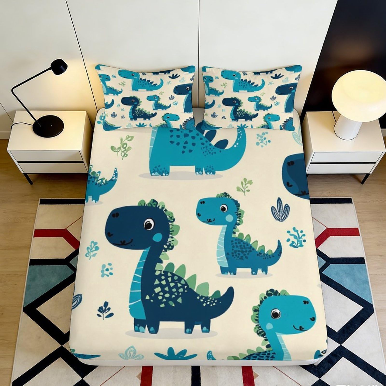 3D Printed Dinosaur Pattern Fitted Sheet Microfiber Deep Pocket Elastic Hem Bedroom Bedding Dinosaur Mattress Fitted Cover 90x200x25cm