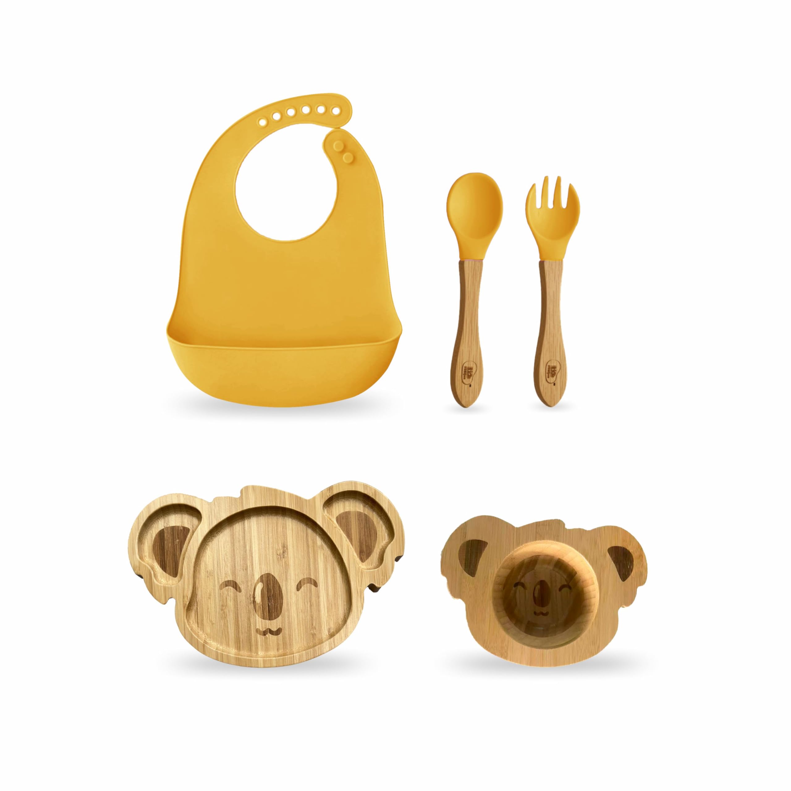 Kids Station Koala Design 5-Piece Silicone Feeding Set for Babies | BPA-Free, Includes Suction Plate, Bowl, Spoon, Fork & Bib | Ideal for Infants & Toddlers (Set of 5 Koala Feeding Set, Yellow)-image-37